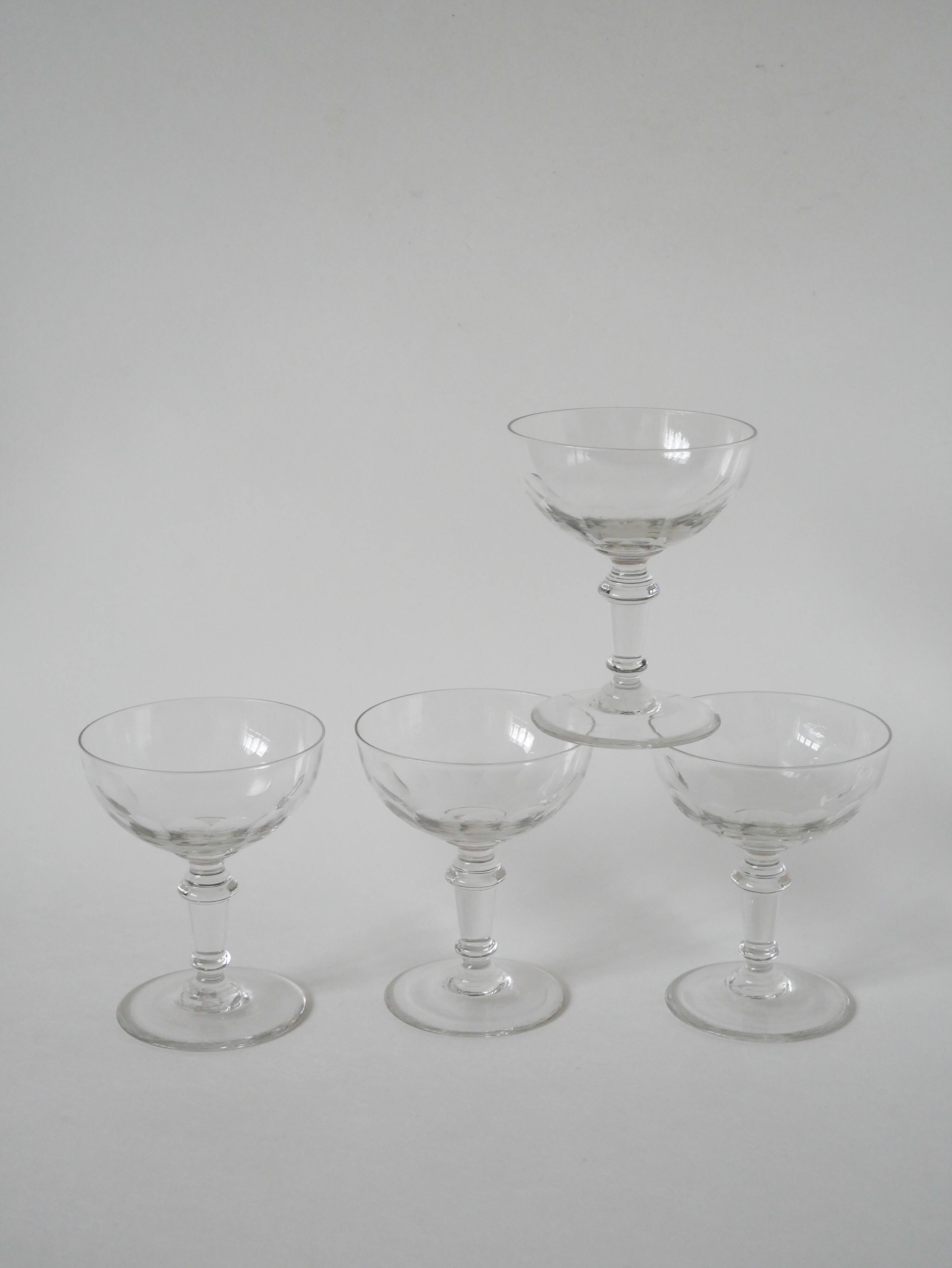 Set of 4 faceted crystal champagne glasses, 1930