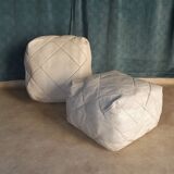 Pair of vintage square poufs in white leather, losanges patterns circa 1970