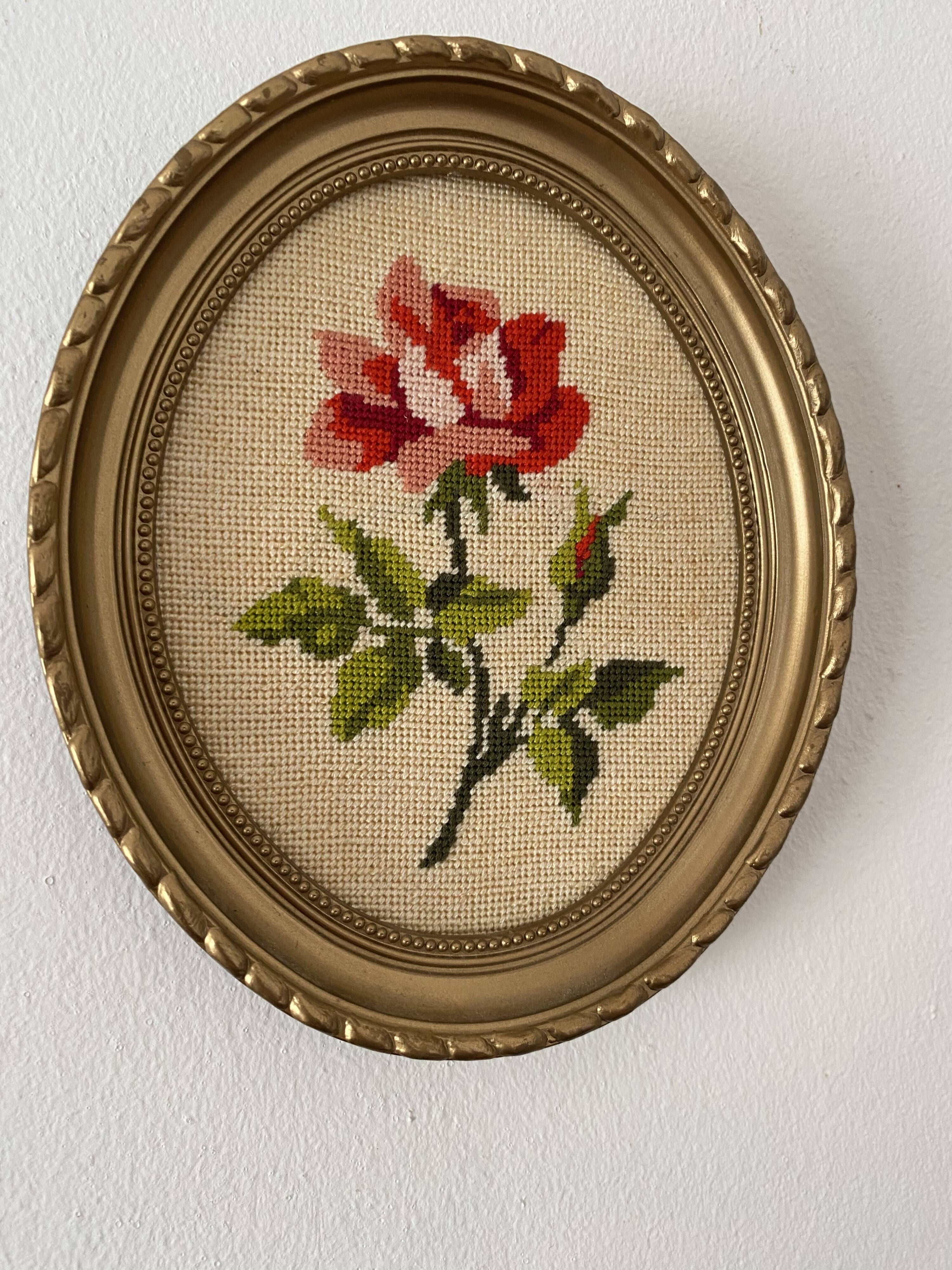 2 oval frames vintage floral embroidery