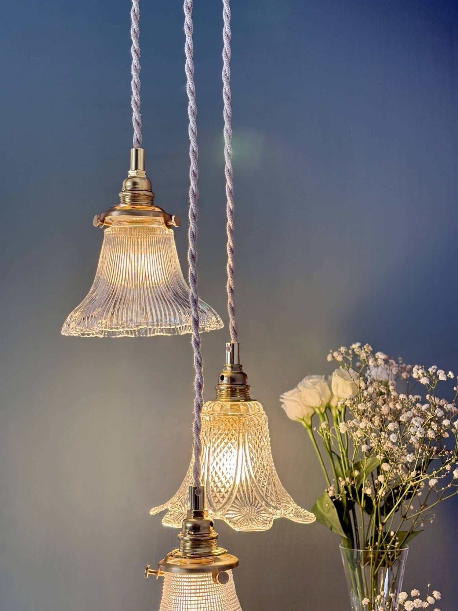 Vintage triple tulip pendant light in chiseled glass and holophane