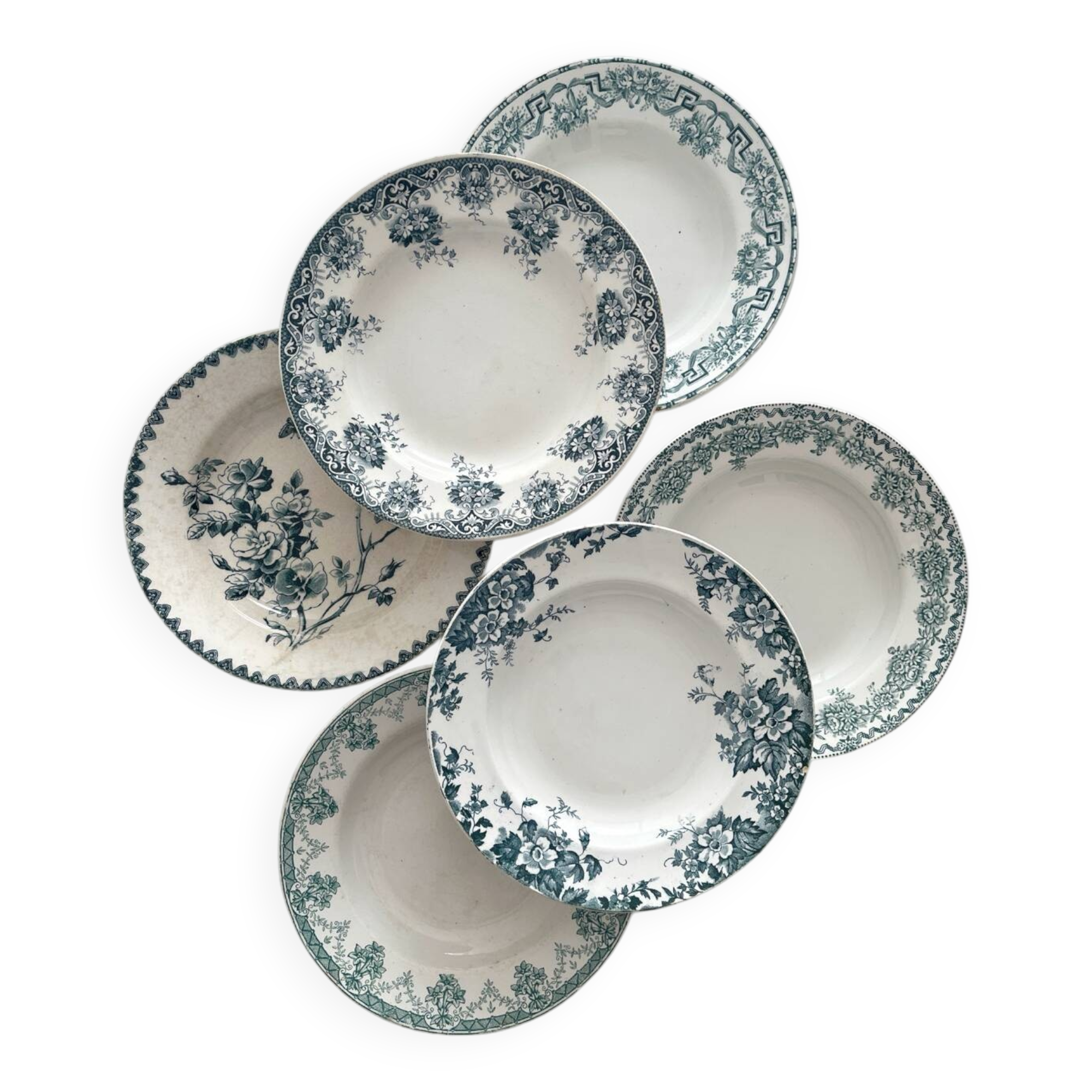 6 mismatched ironstone soup plates from Saint Amand
