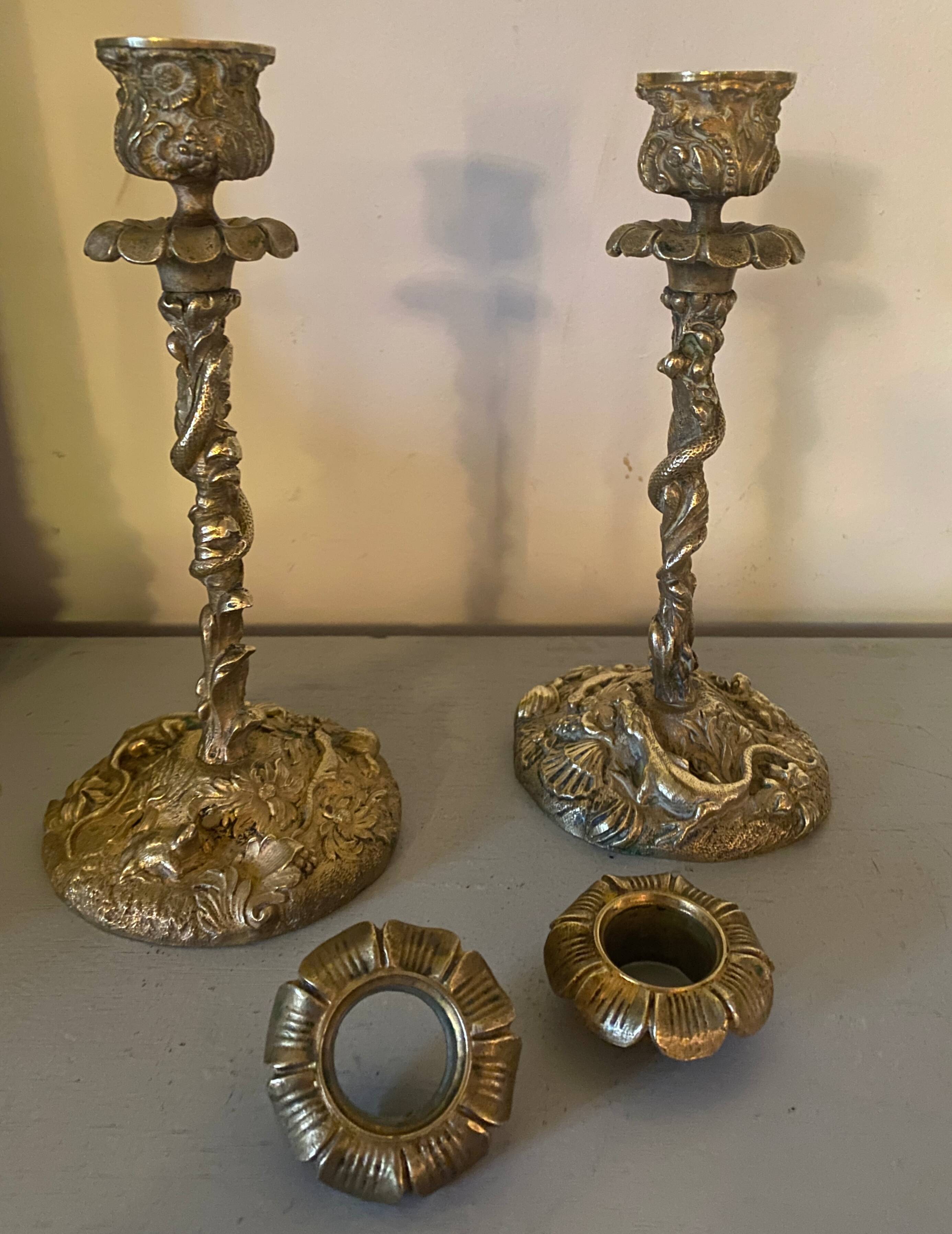 Pair of candlesticks with naturalistic decorations (gothic art nouveau) snake, salamander