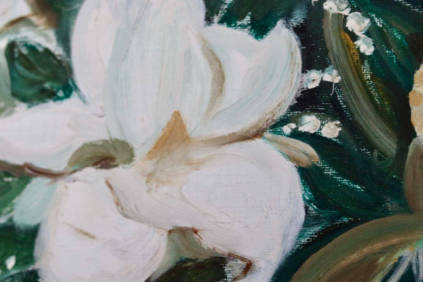 Huile sur toile « Motifs floraux » par Eila C, Suède milieu XXème