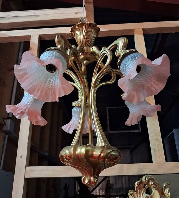 Lustre style Art Nouveau en bronze à cinq lumières / style école de Nancy