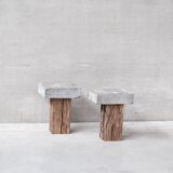 Pair of wooden and stone side tables