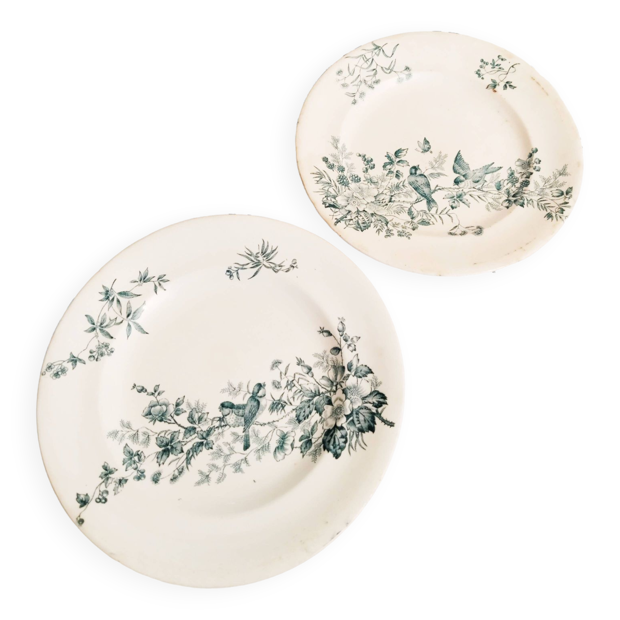 Set of 2 Longwy earthenware plates, Mignon model, blue/green