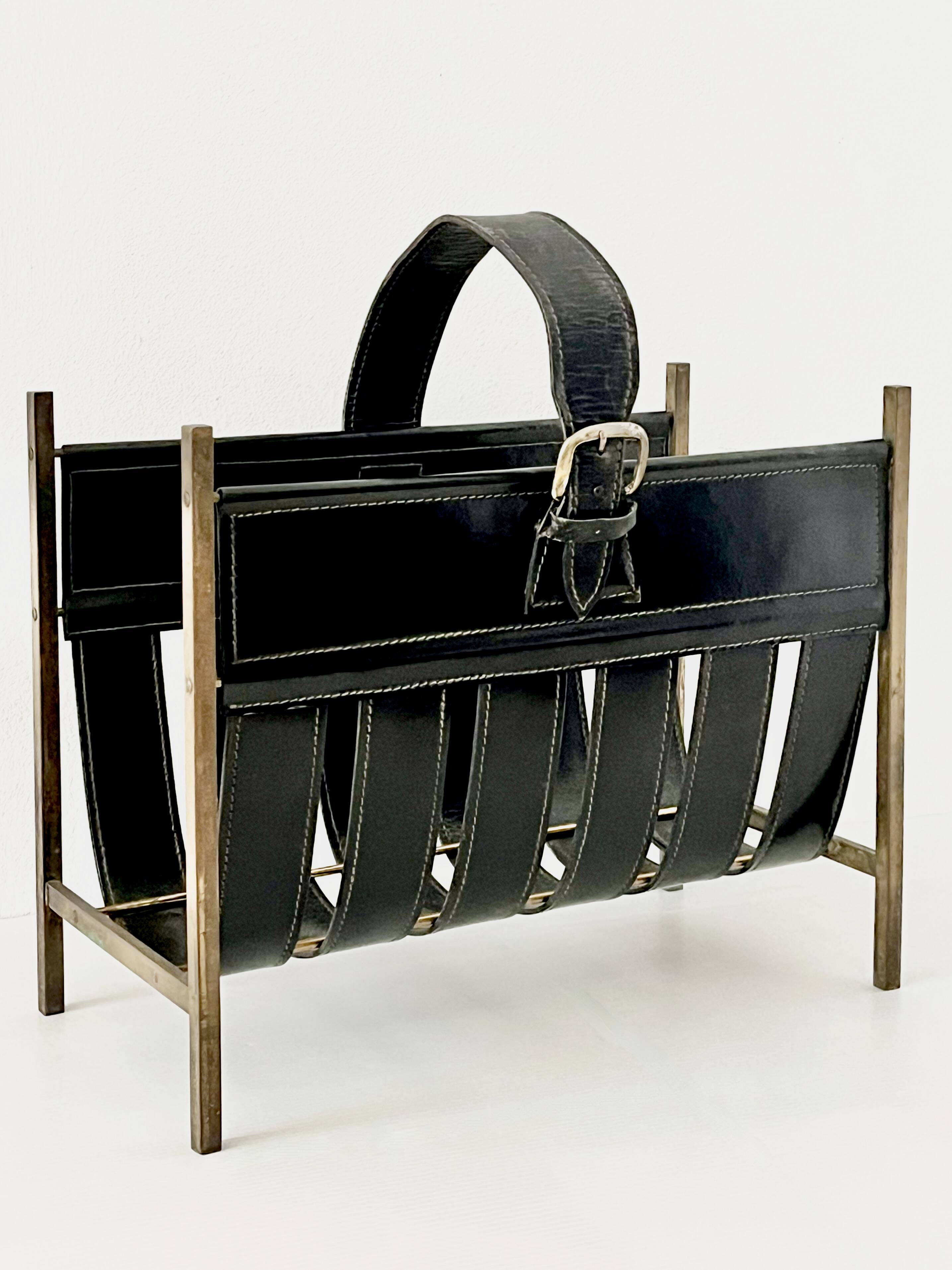 French mid-century leather magazine rack
