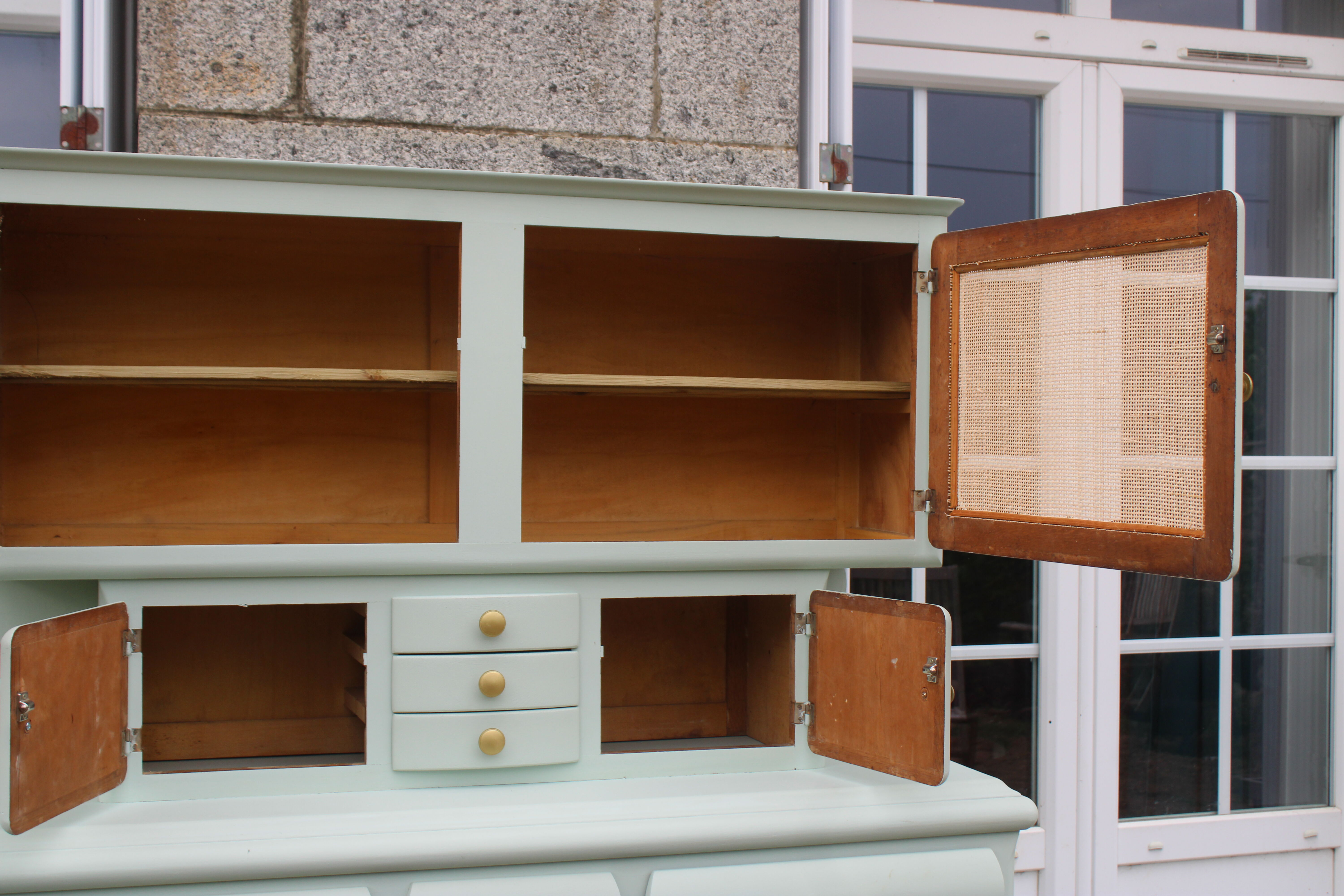 Renovated vintage Mado sideboard – Celadon green & natural cane