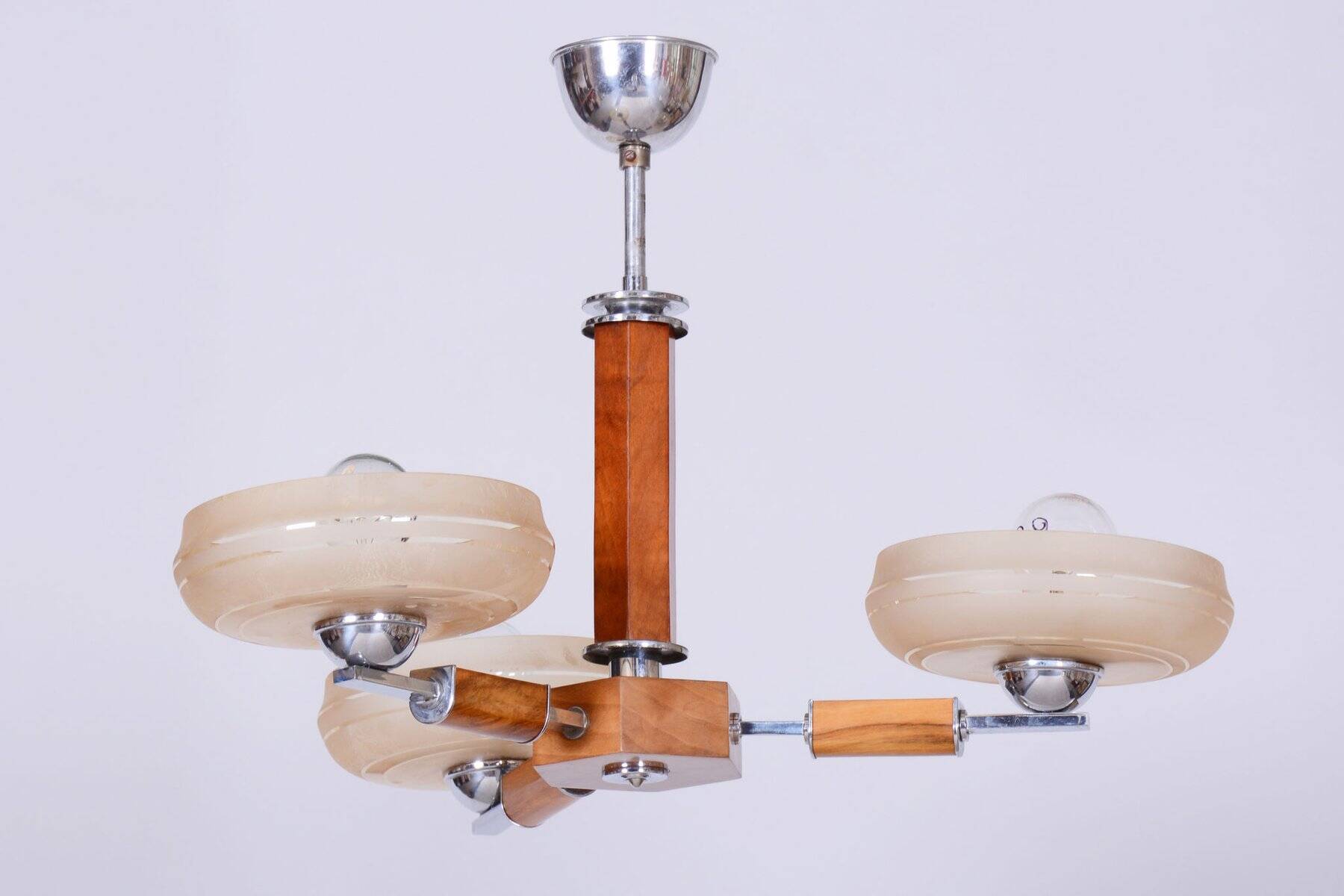Art Deco Chandelier in Chromed Steel, Walnut and Glass, Czech, 1920s