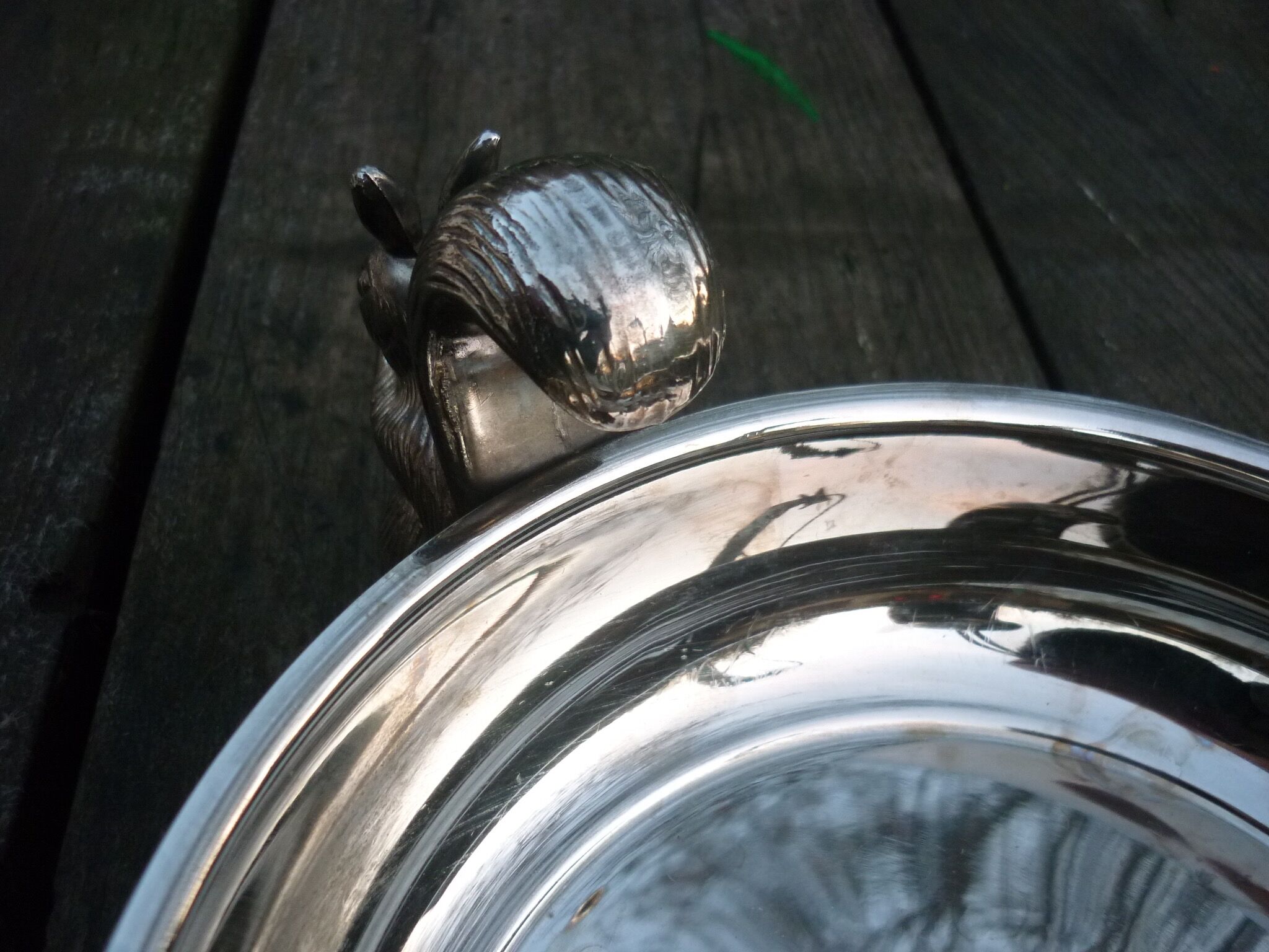 Silver metal dish with squirrels