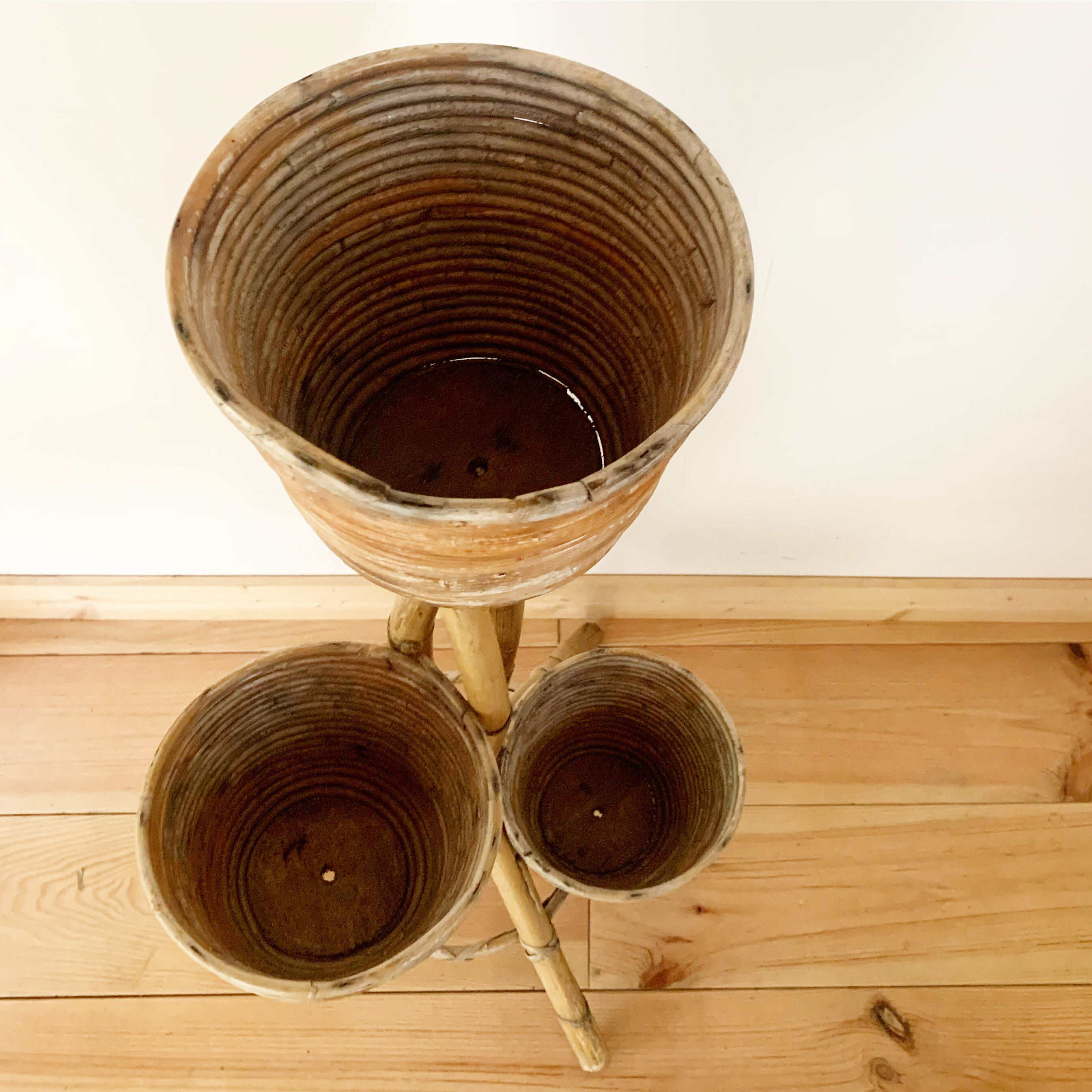 Triple vintage rattan plant holder