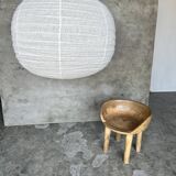 Large pendant lamp in rattan and natural linen Japanese style flattened round (Labu) H57 D80