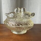 Glass butter dish with "birds" design