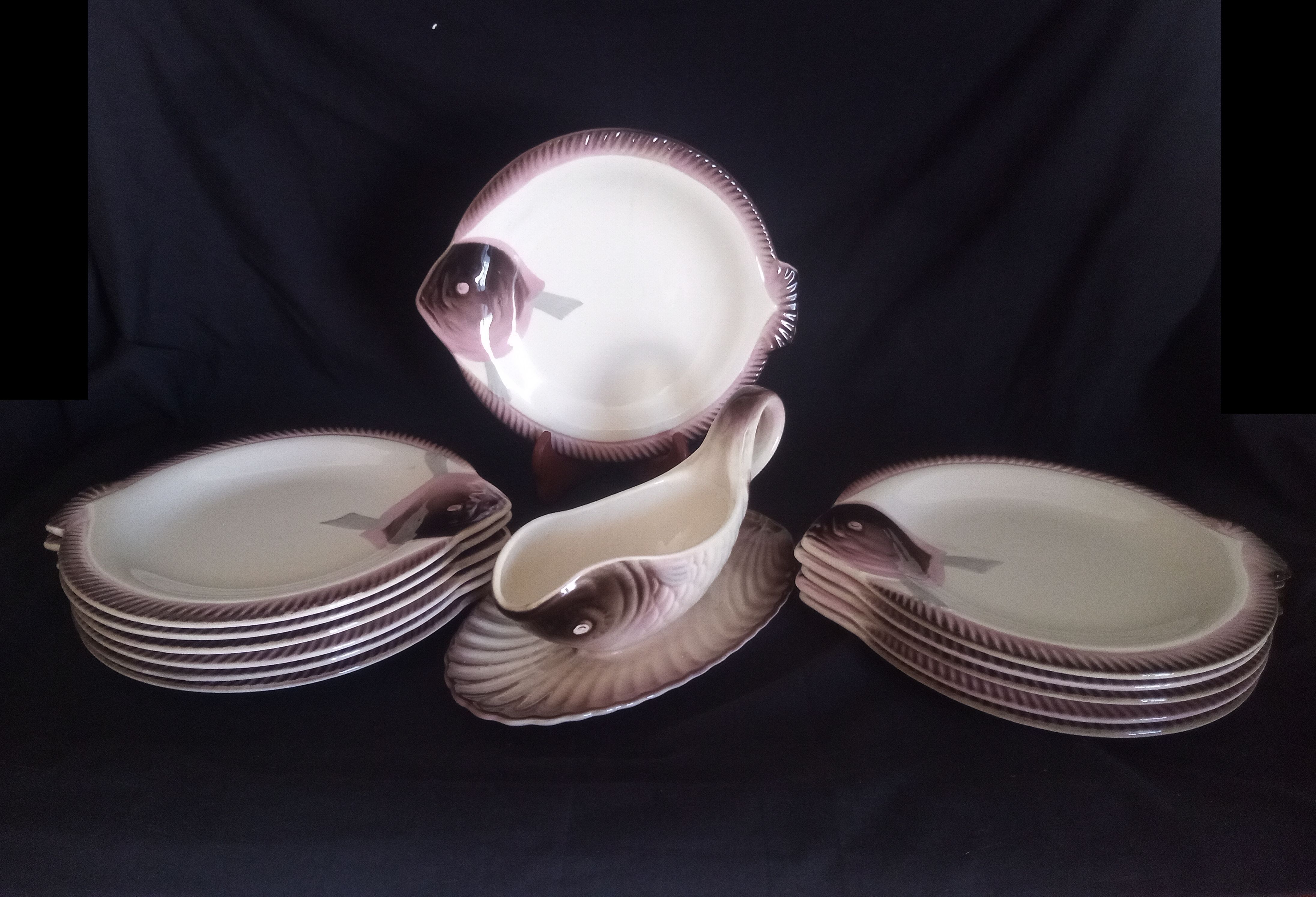Fish service for 12 people in Longwy ceramic, Copenhagen model, 1960s