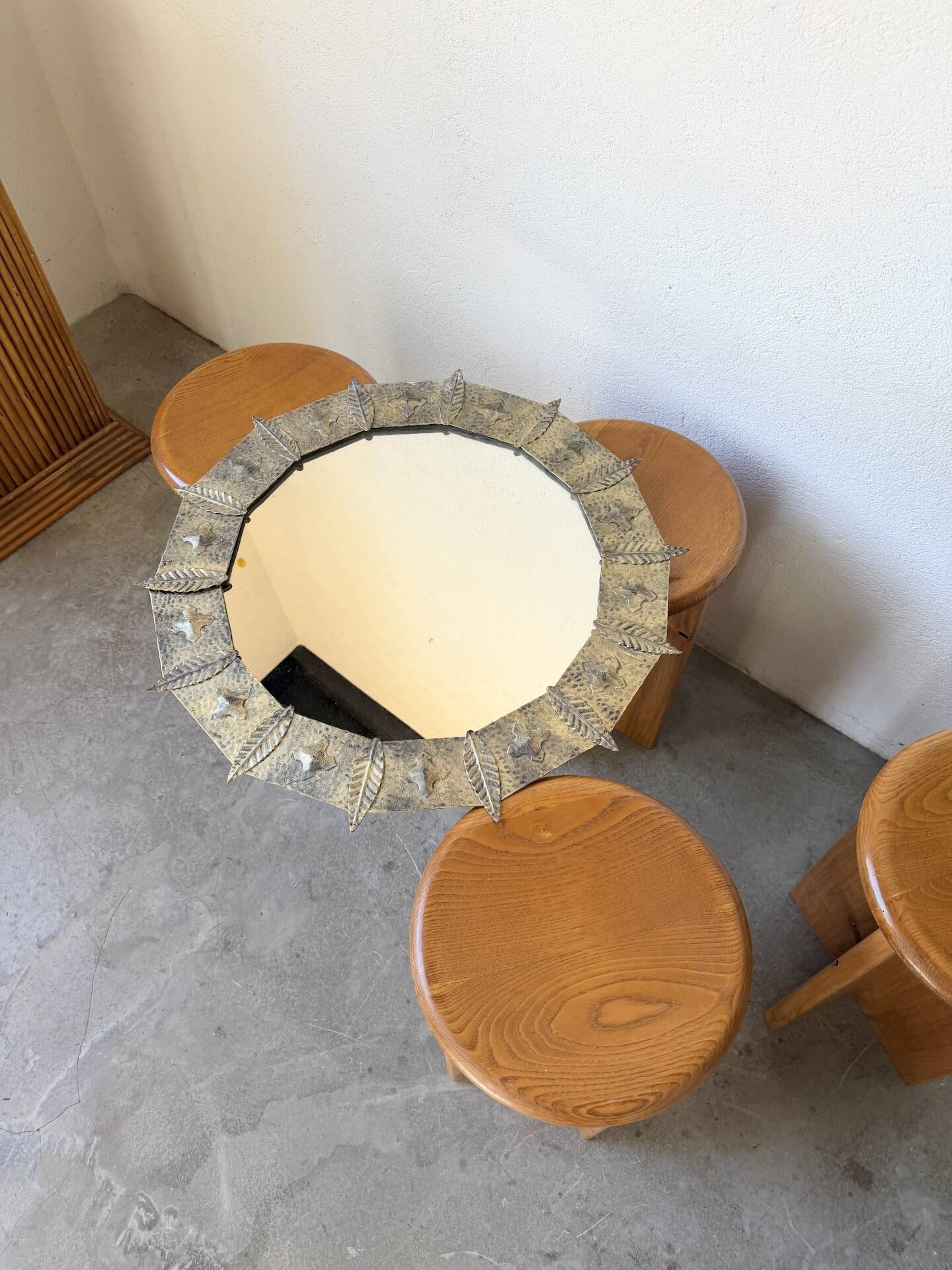 Brutalist round hammered gold metal mirror