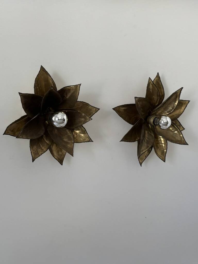 Pair of vintage patinated brass wall lights with floral motif, France, 1960.