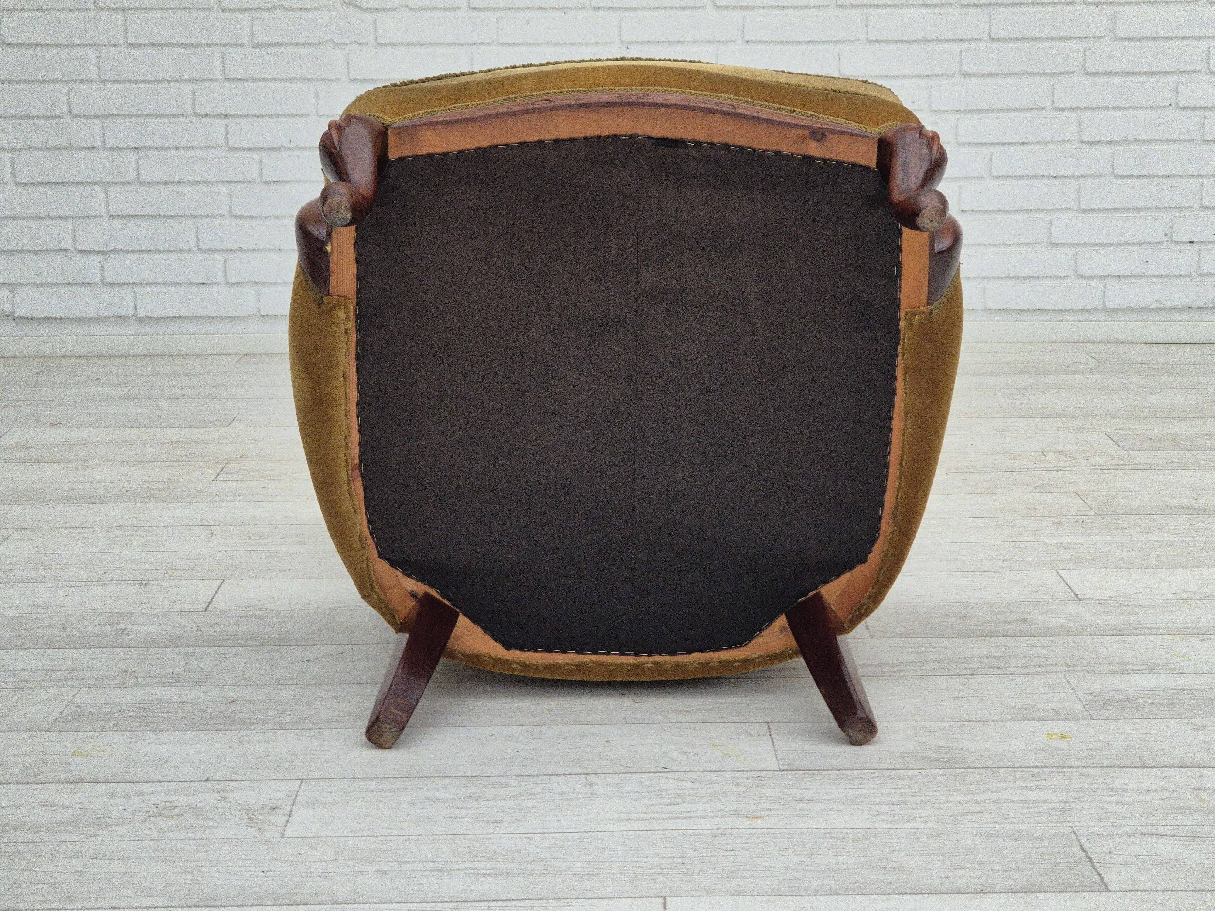 1950s, Danish highback armchair, original upholstery, green velour.