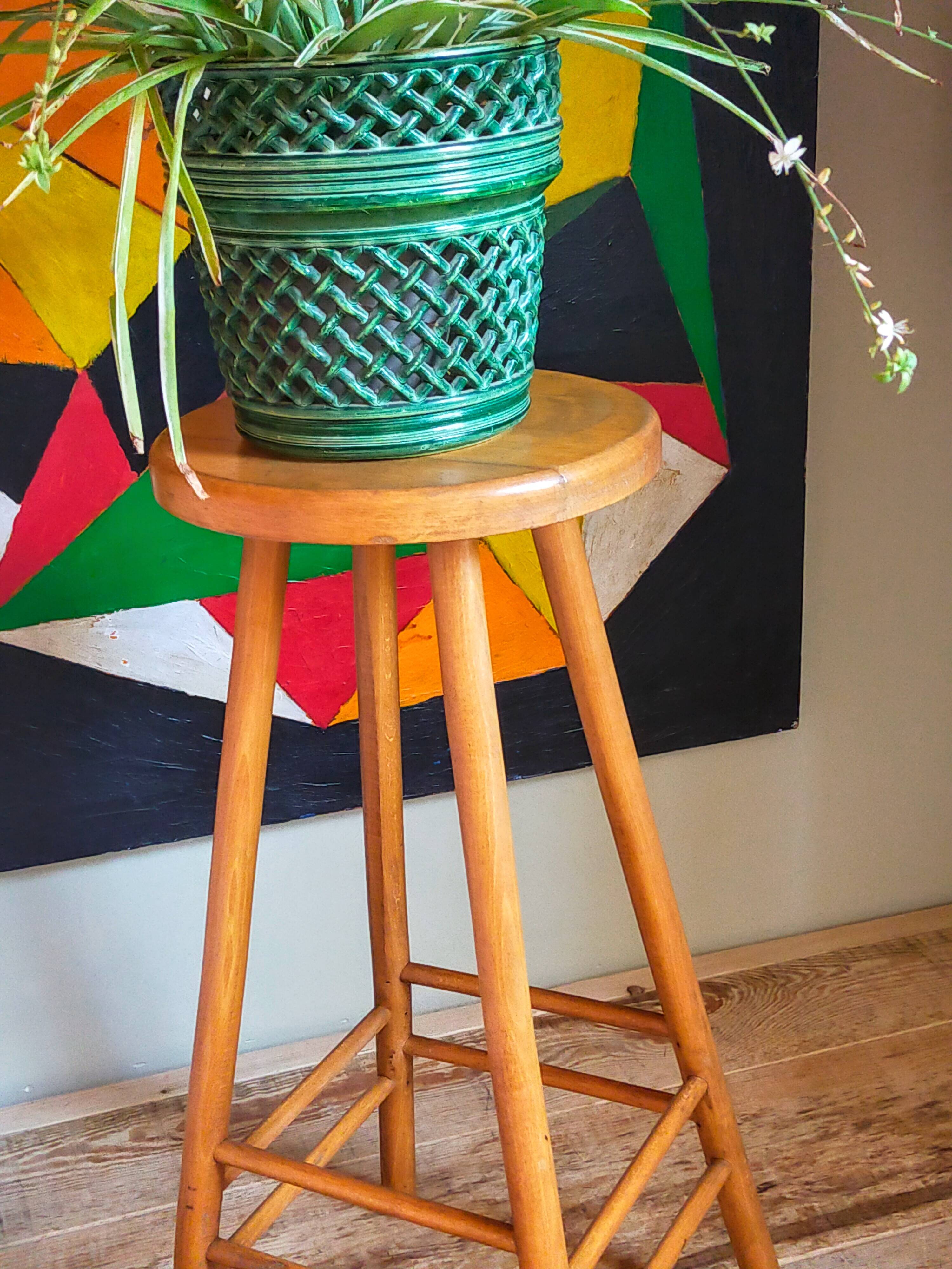 Vintage solid blond wood bar stool