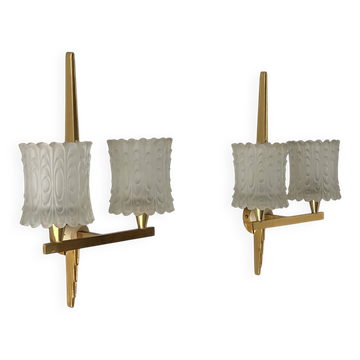 Pair of double wall lights in brass and moulded glass, Maison Arlus, France, 1950.