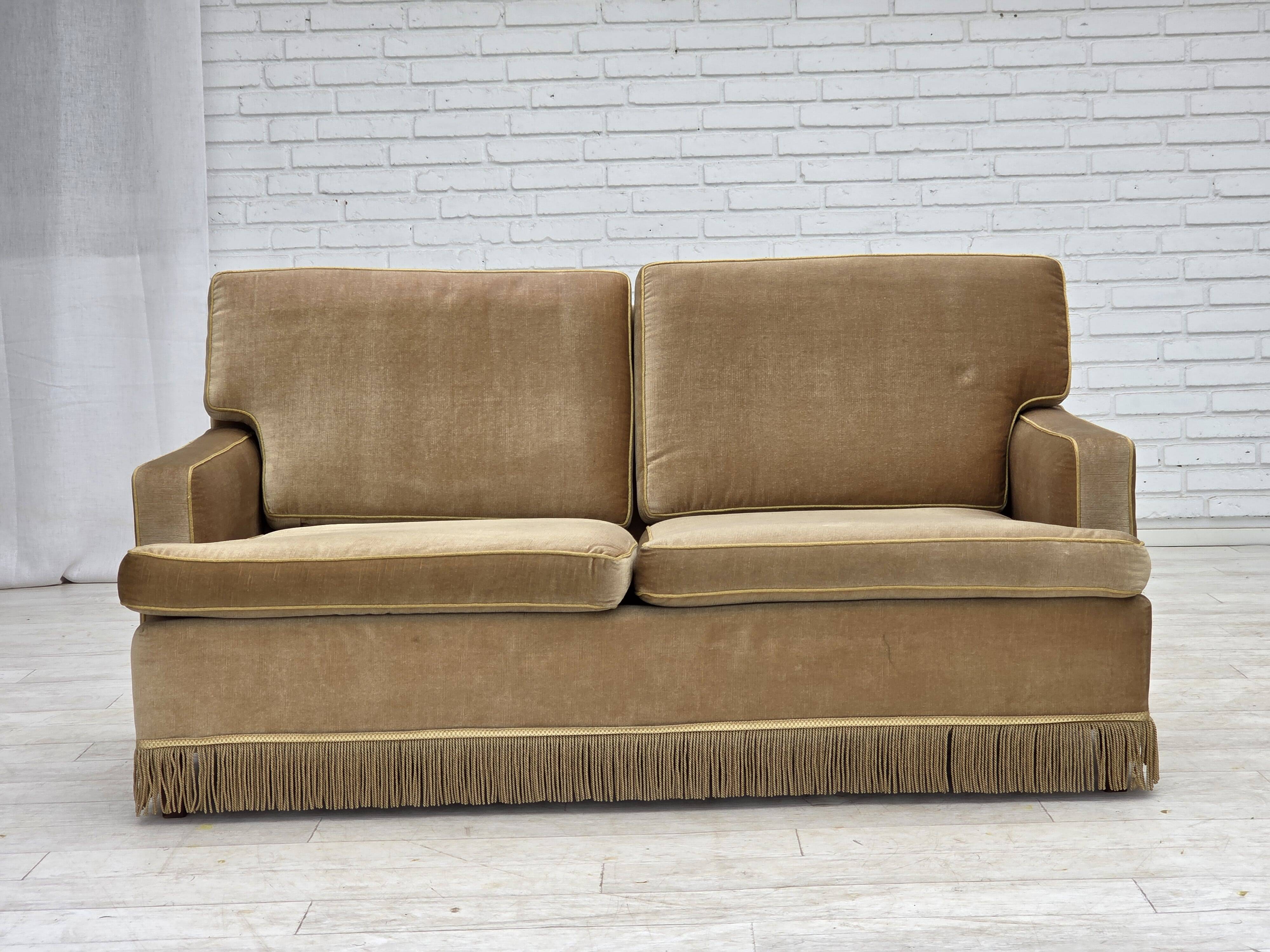 1970s, Danish 2-seater sofa, honey yellow furniture velour.