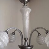 French Art Deco chandelier in silver-finished brass with 5 lights, Clichy white glass 4456.