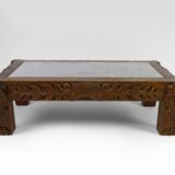 Table basse en chêne massif sculpté de faunes et plateau en marbre gris, France, circa 1940