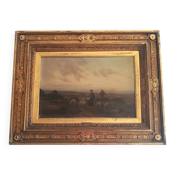 Hermann solbrig (1853-1942) oil painting on panel shepherdess and her flock