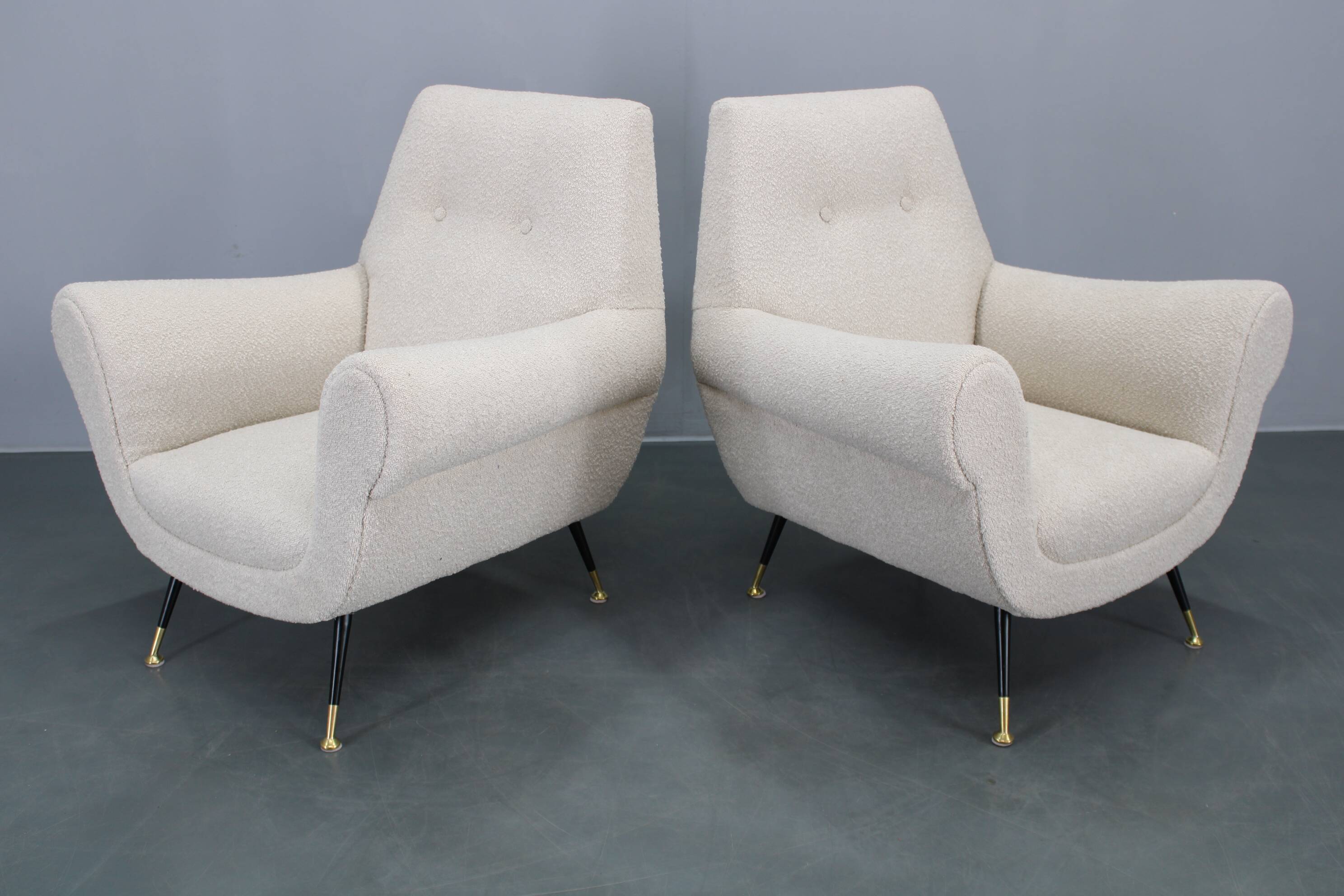 Pair of Italian mid-century boucle armchairs, iron & brass legs, 1950s