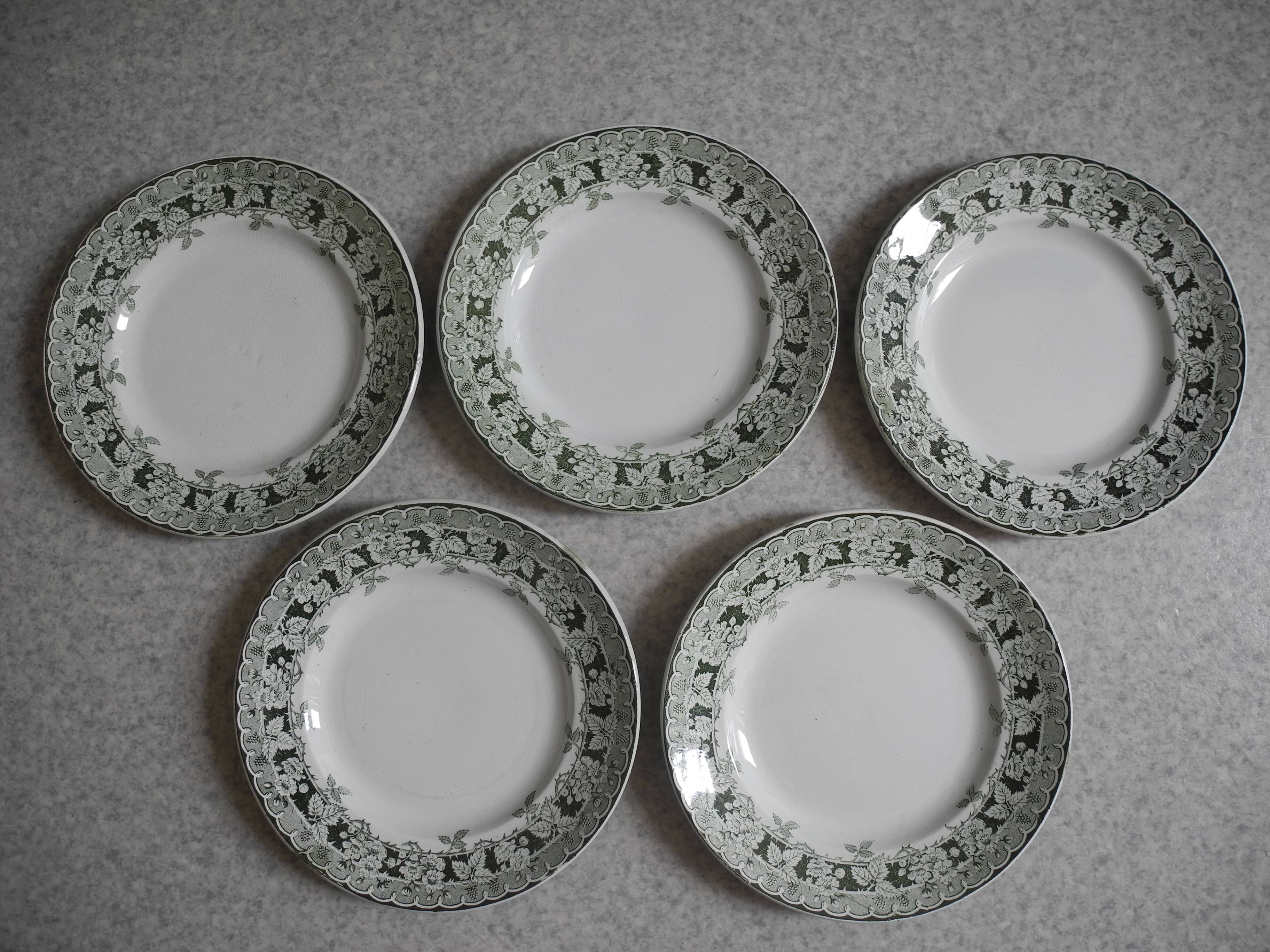 Lot of 5 flat plates, St Amand earthenware, antique French flate plates, 30s