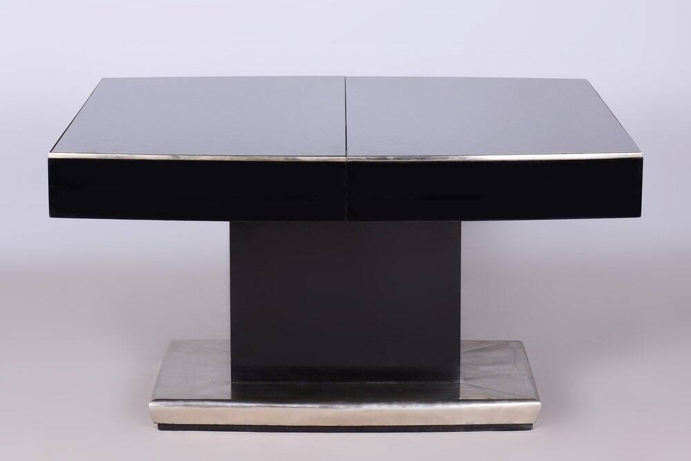 Large Art Deco Chrome and Black Glass Extendable Dining Table, 1930s