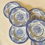 Set of six English deep plates, made of ironstone ceramic, floral patterns.