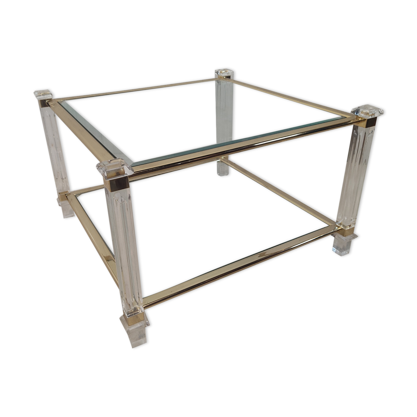 Brass coffee table, beveled glass and altuglas