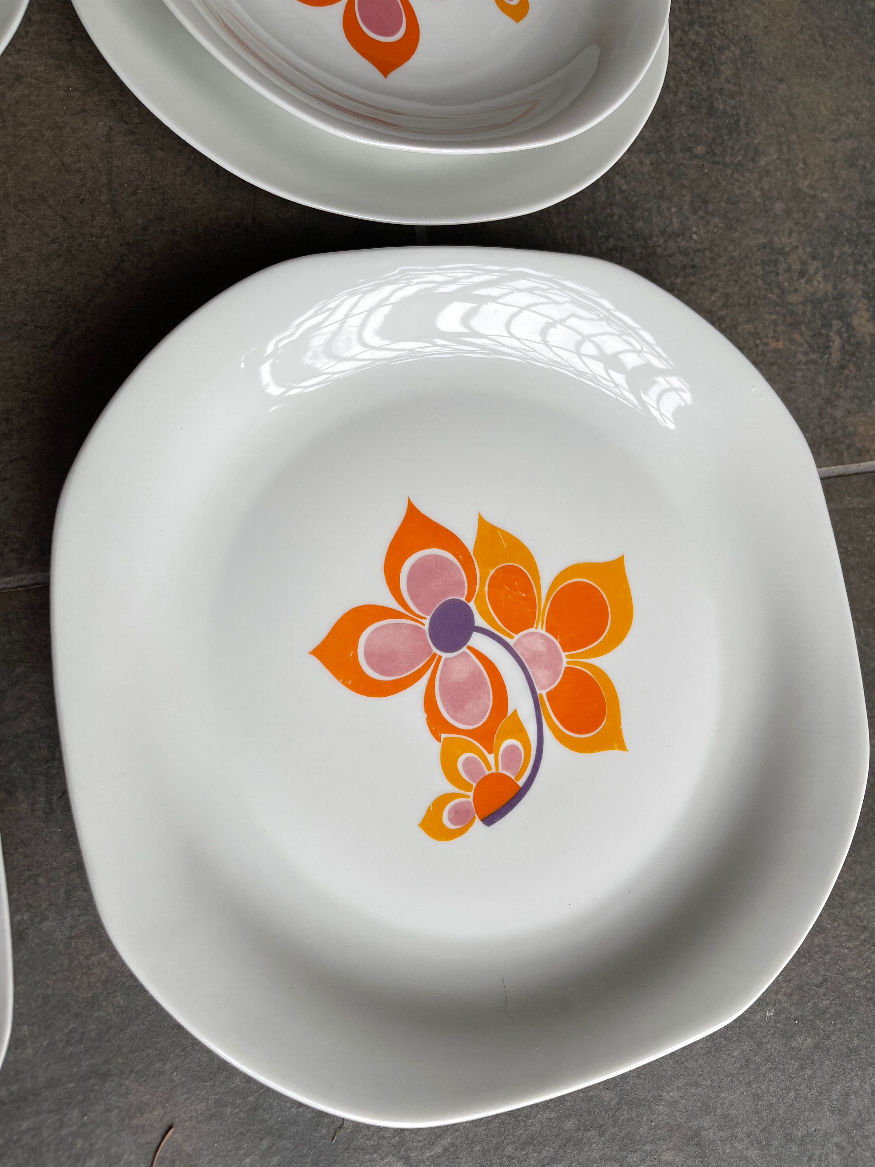 full service porcelain Masse Surget at Mehun vintage dish 1970 orange