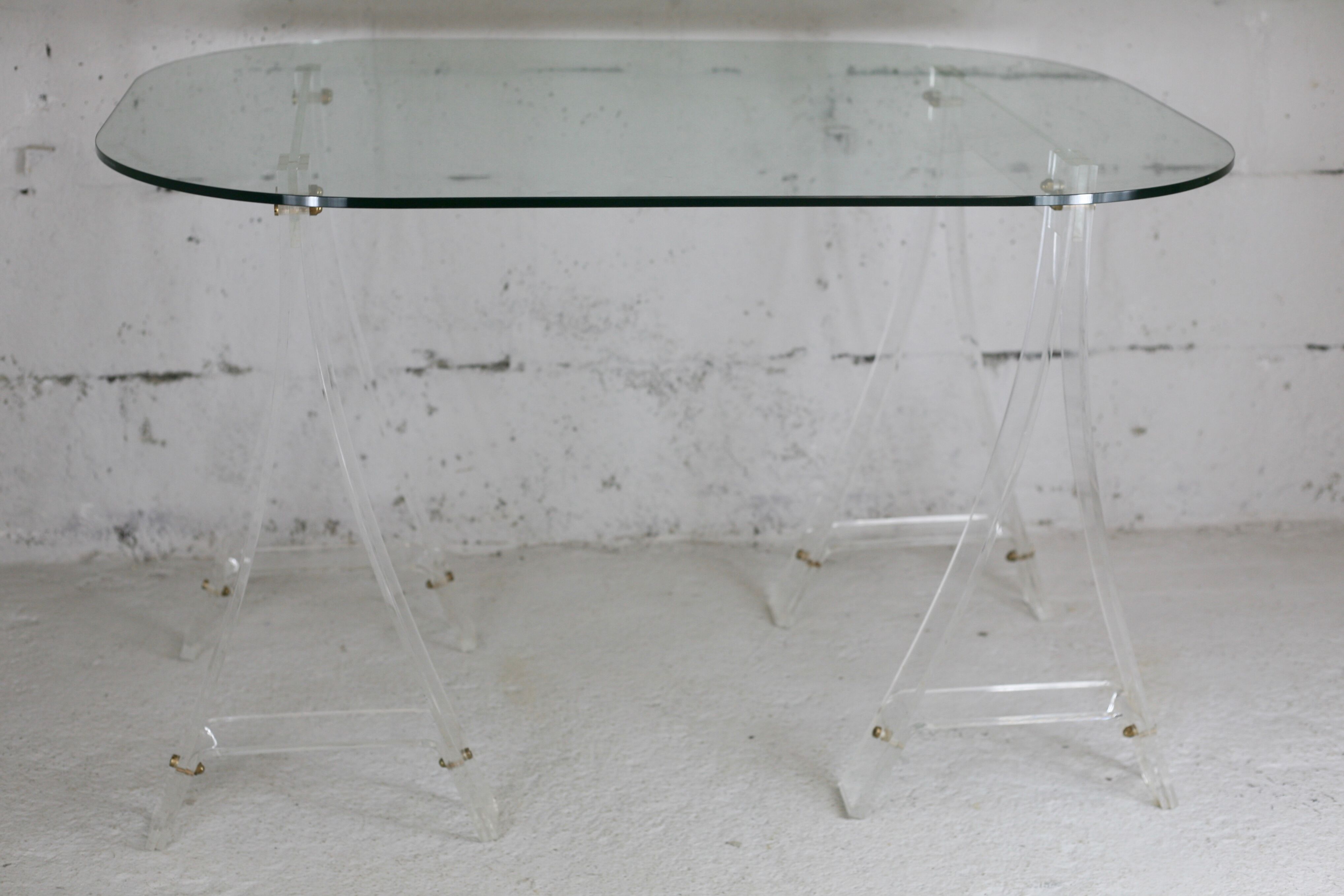 Office Plexiglas trestles, glass tray rounded edges, France, circa 1970