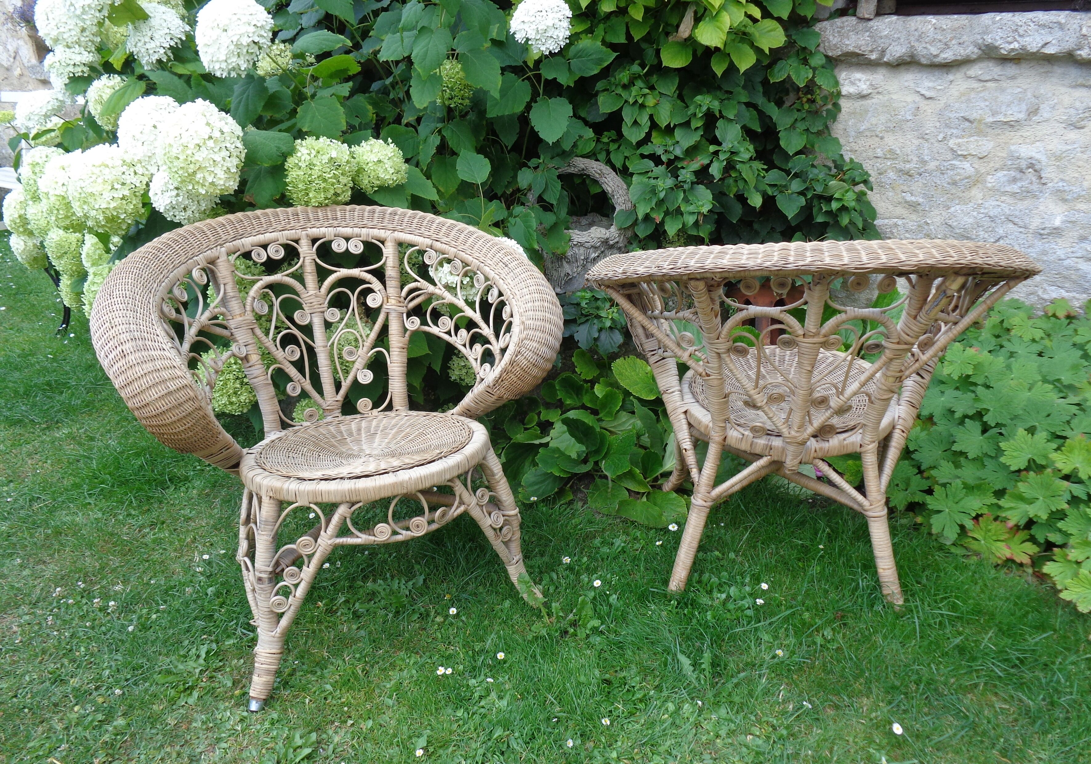 Pair of vintage rattan peacock armchairs