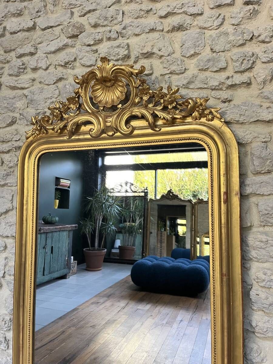 Antique Louis-Philippe mirror with a pediment, 160/93cm, gilded with gold leaf, mercury glass.