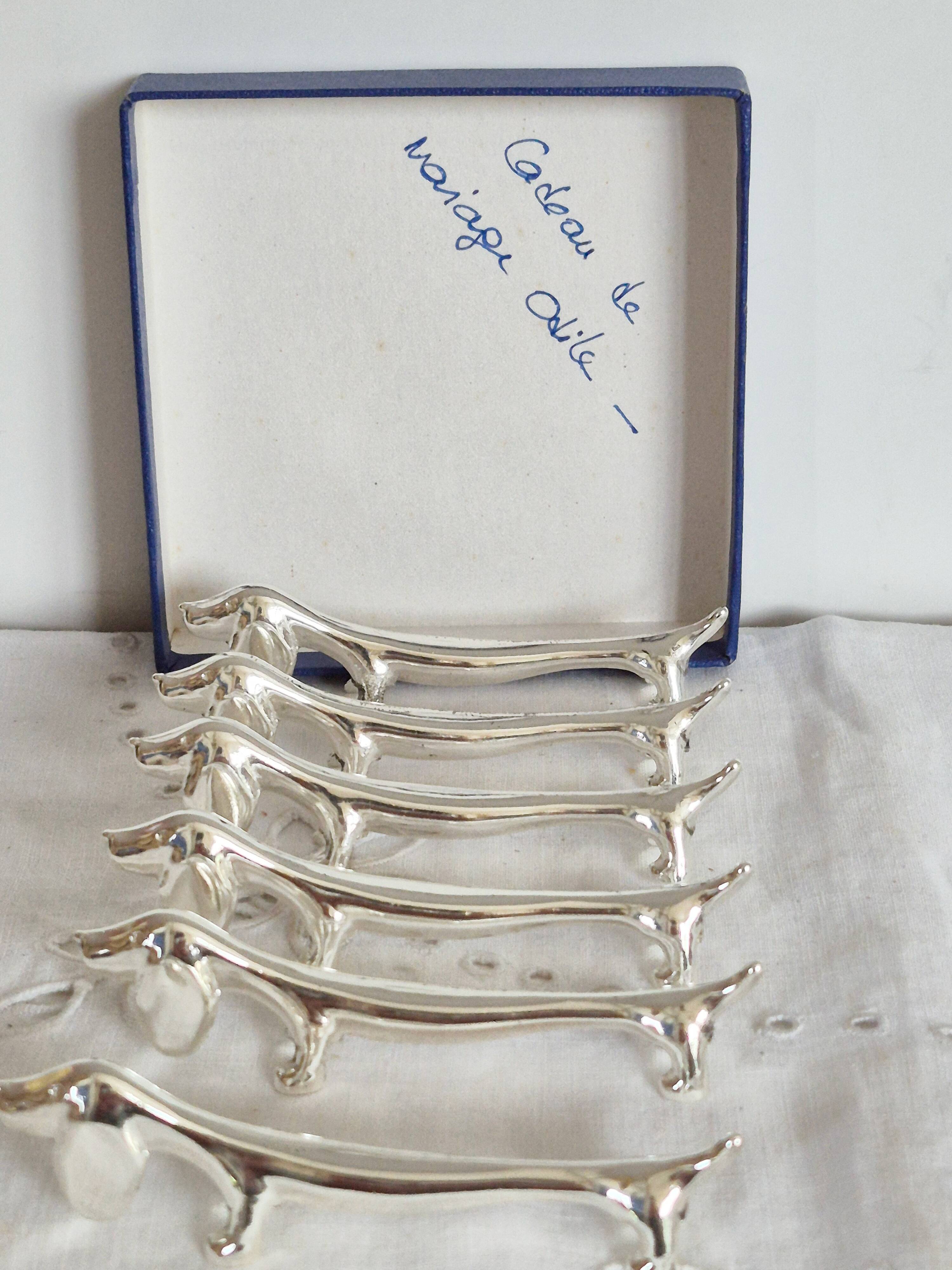 Silver-plated metal dachshund knife rest, 1950s
