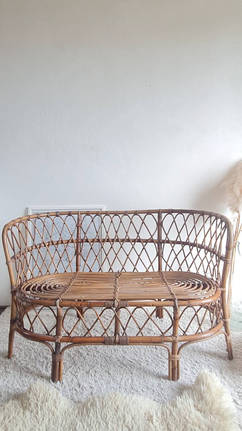 Banquette en rotin et osier circa années 60