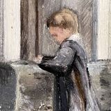 "L'écolier à la fontaine" tableau ancien