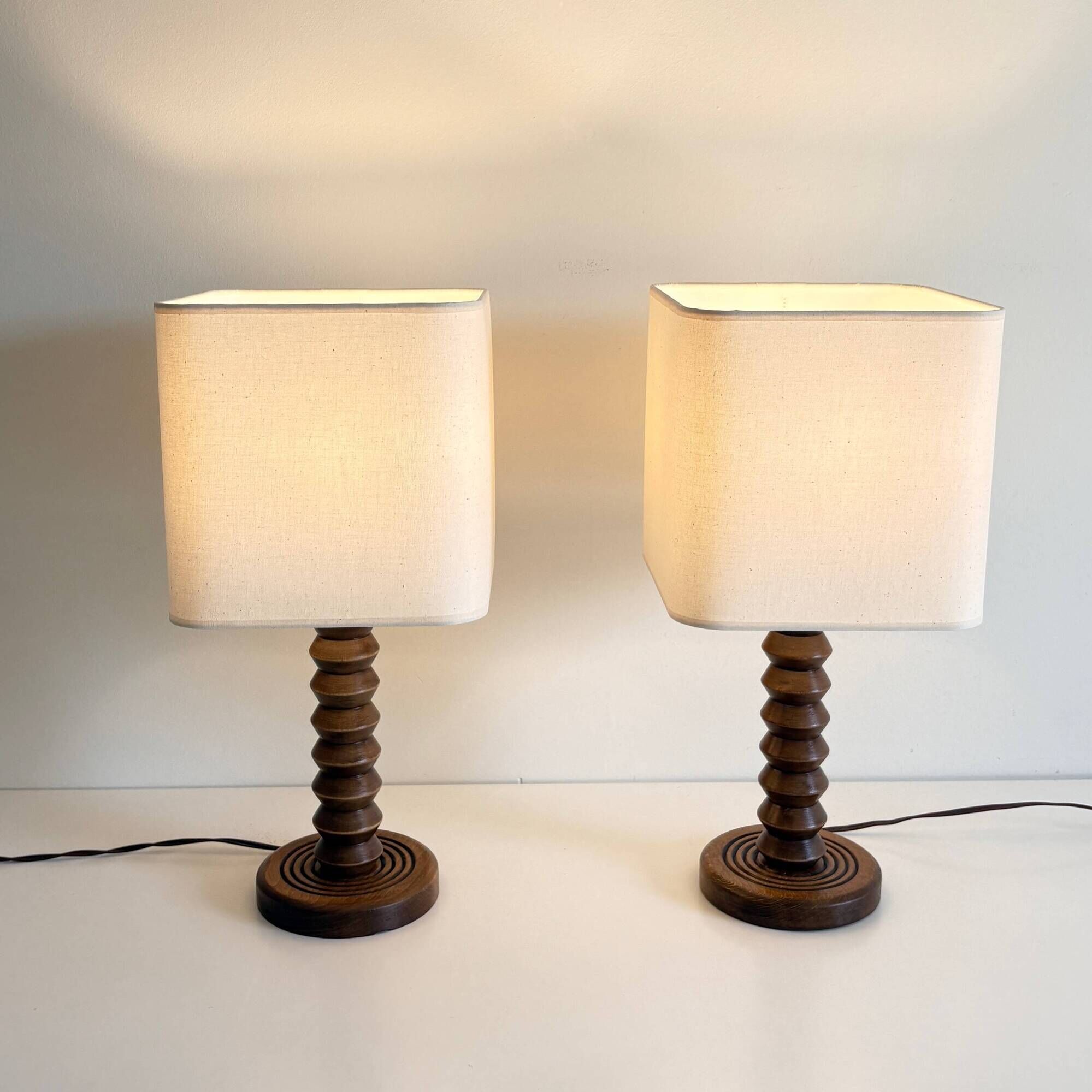 Pair of French Art Deco Wooden Table Lamps Attributed to Charles Dudouyt