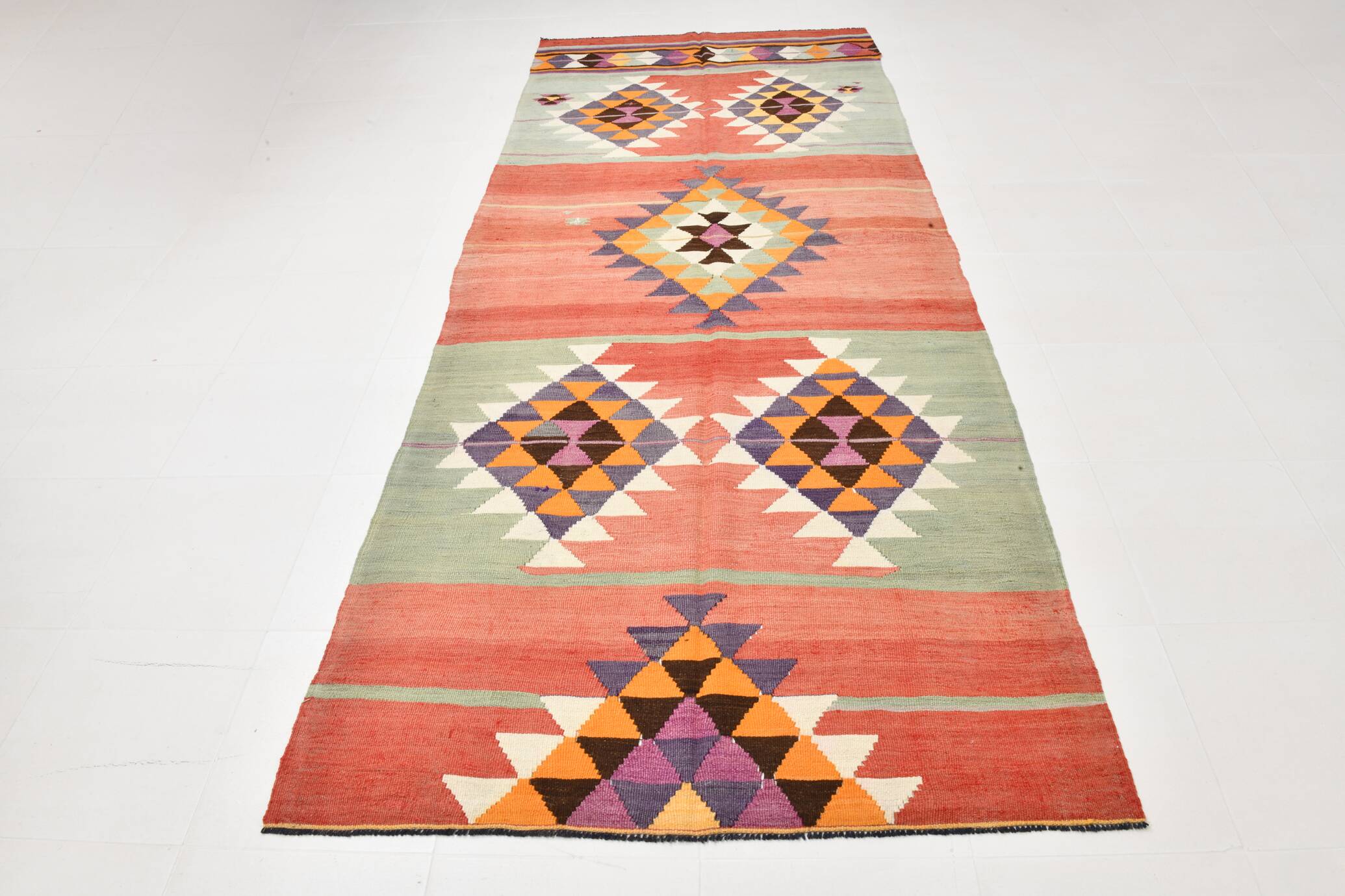 5x11 Kilim Long Wide Faded Samon Kilim Rug, Rare Style Anatolian Flatweave