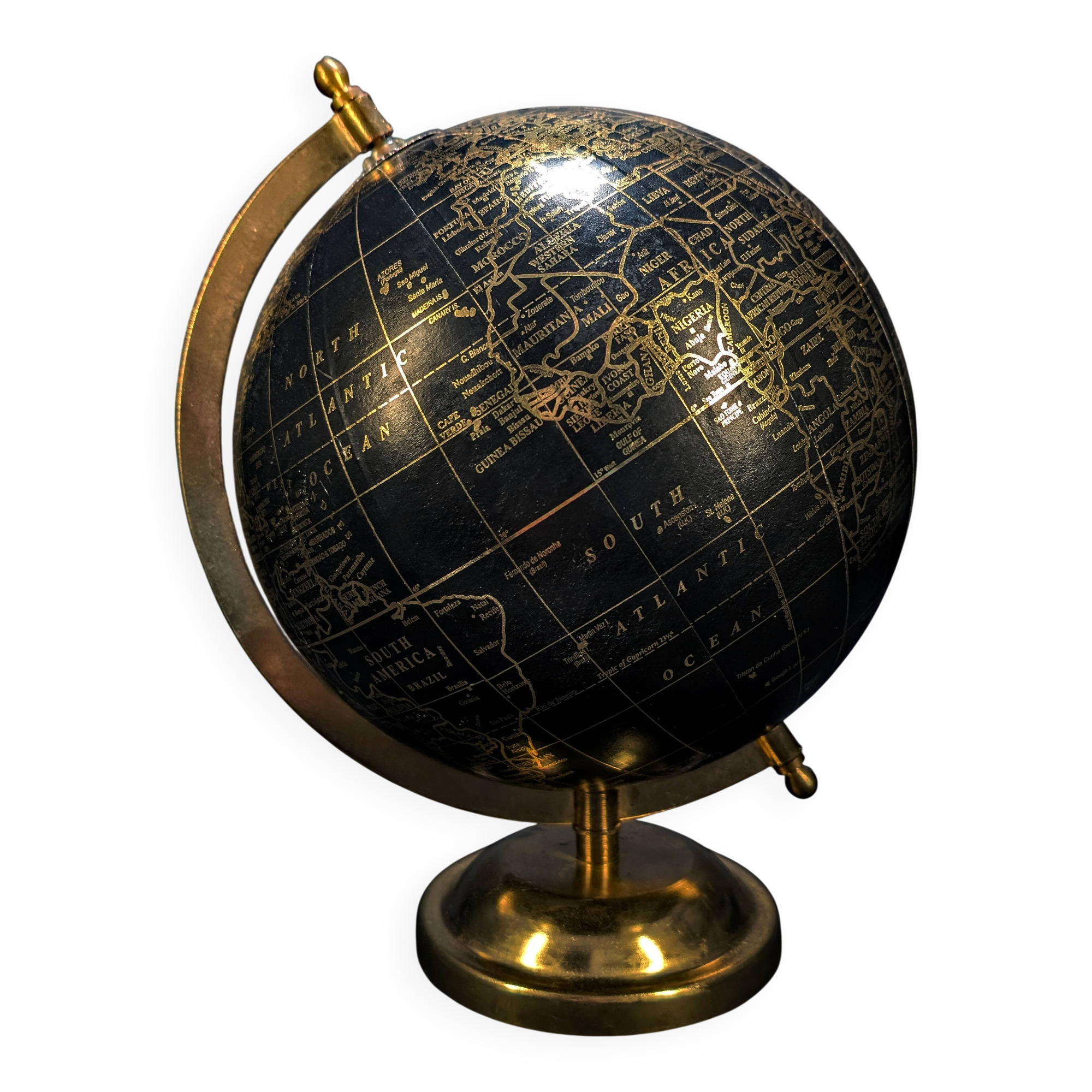 Globe terrestre vintage noir et or – Globe de bureau rotatif avec cadran de temps mondial