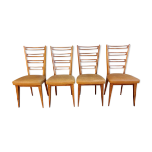 Ensemble de 4 chaises en bois blond et skaï caramel, esprit scandinave, vintage, années 60