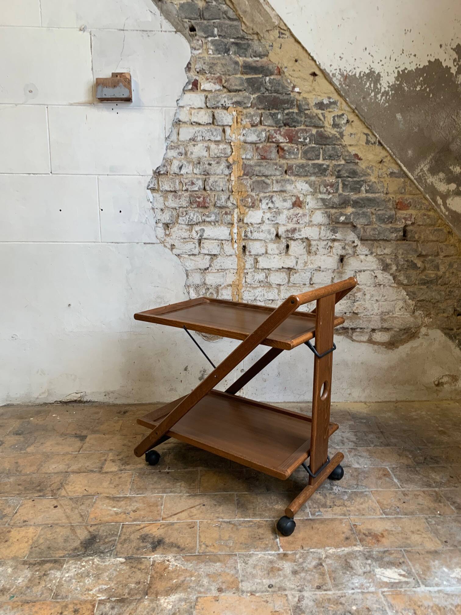 Mid-century modern folding wooden service trolley from the 1960s