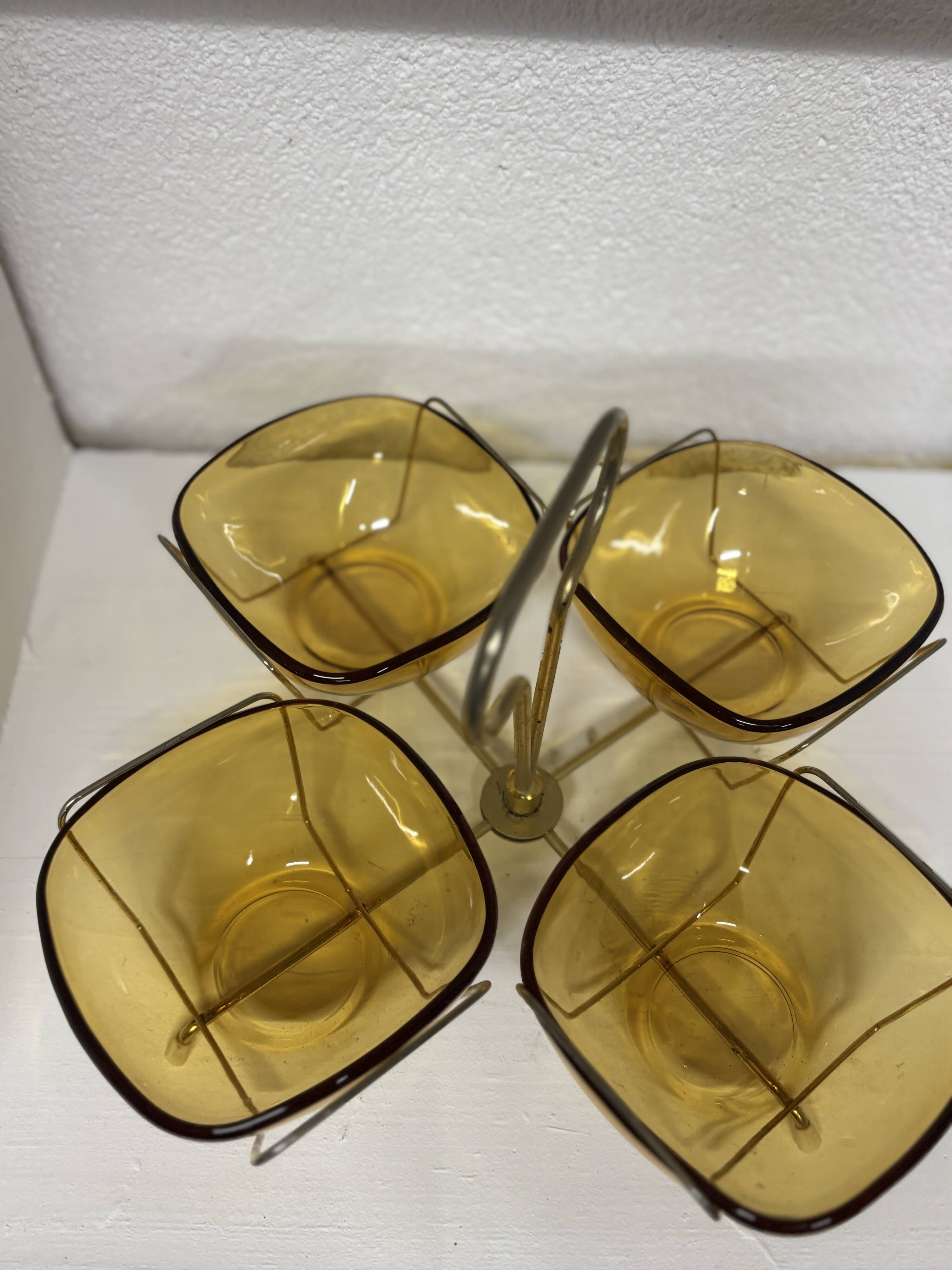 Vintage Aperitif Tray by Vereco Amber Glass and Gold Metal ⎥ 1970s