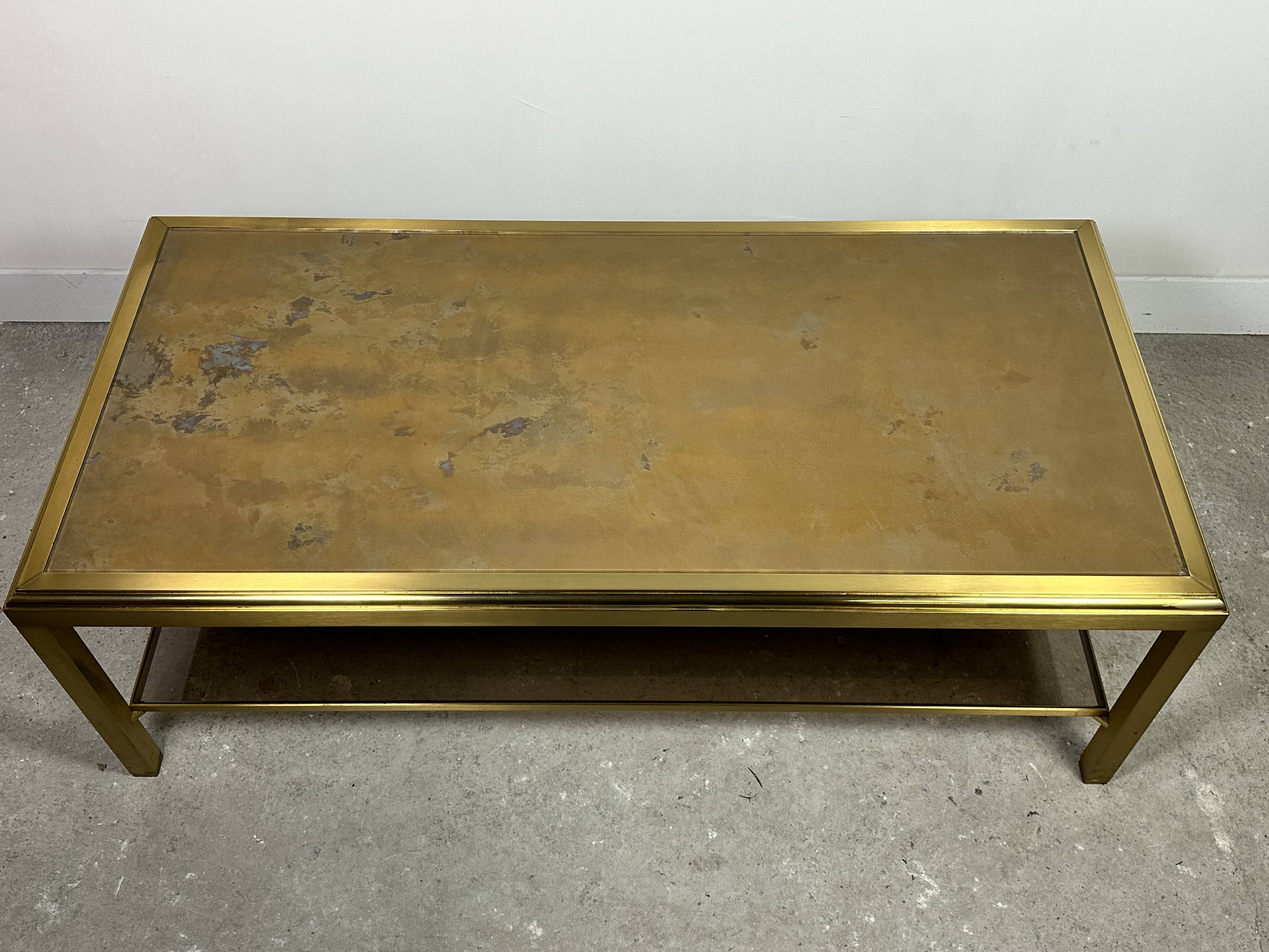 Vintage 70'S Hollywood Regency Brass and Iridescent Glass Coffee Table