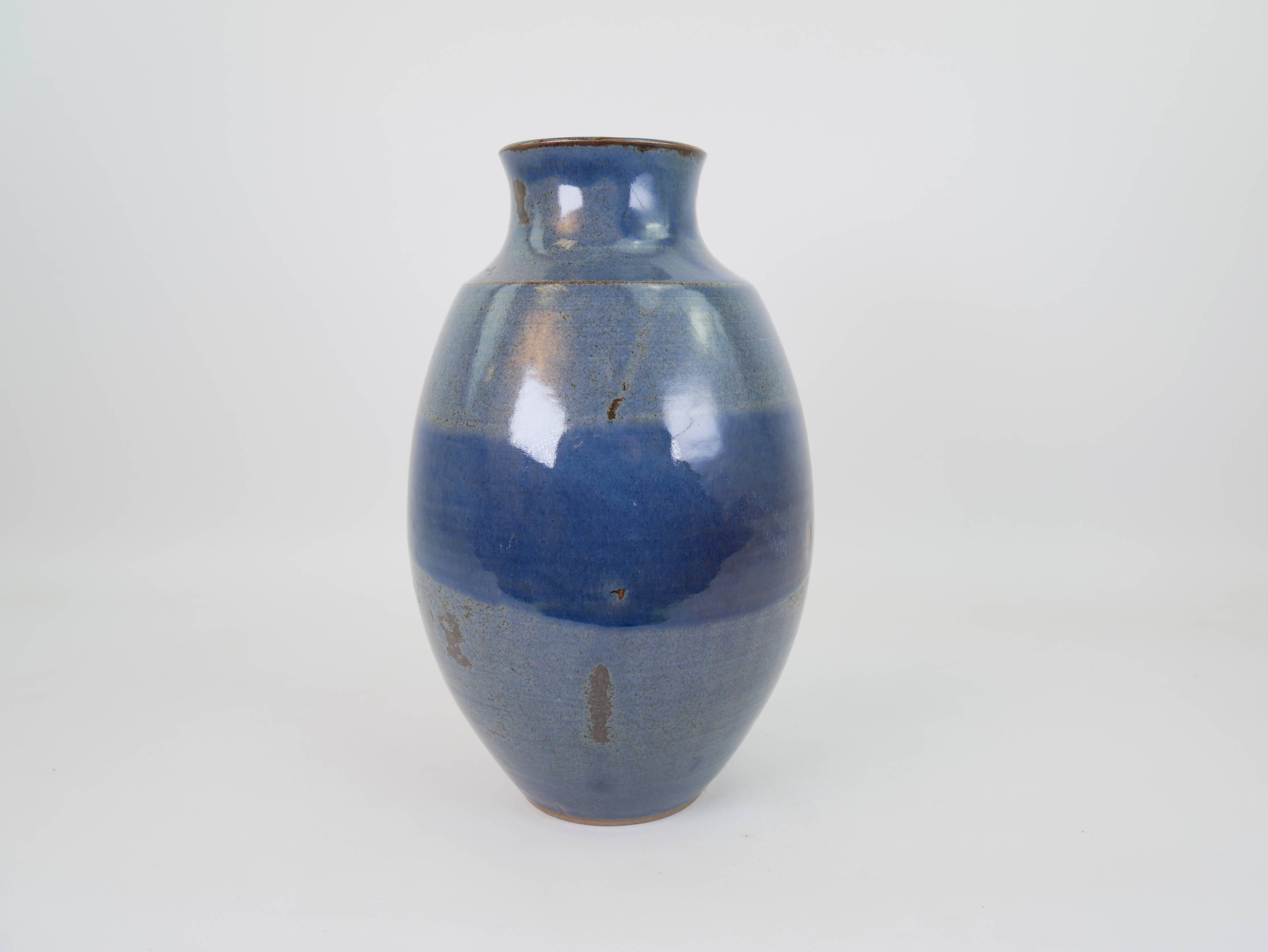 Large blue glazed ceramic vase signed under the base