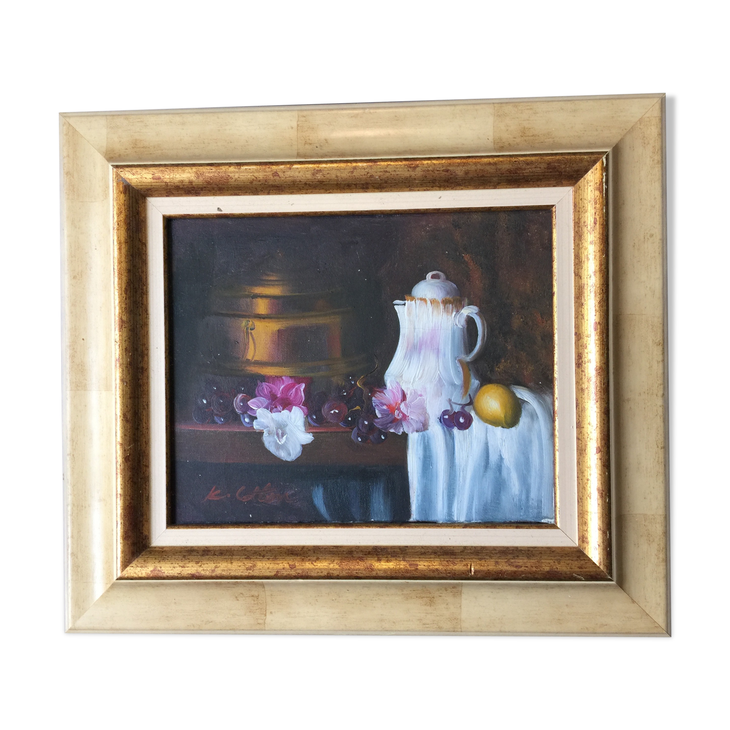 "still life with white pitcher" original acrylic on canvas