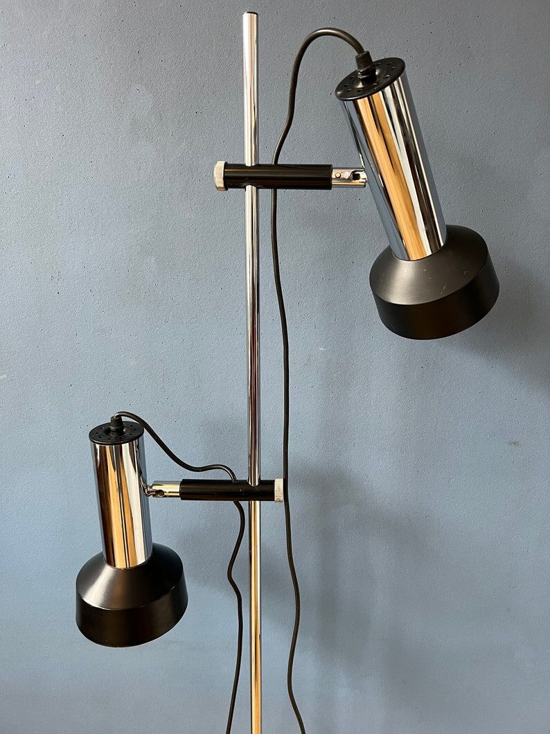 Mid-century floor lamp with two black/chrome spotlights