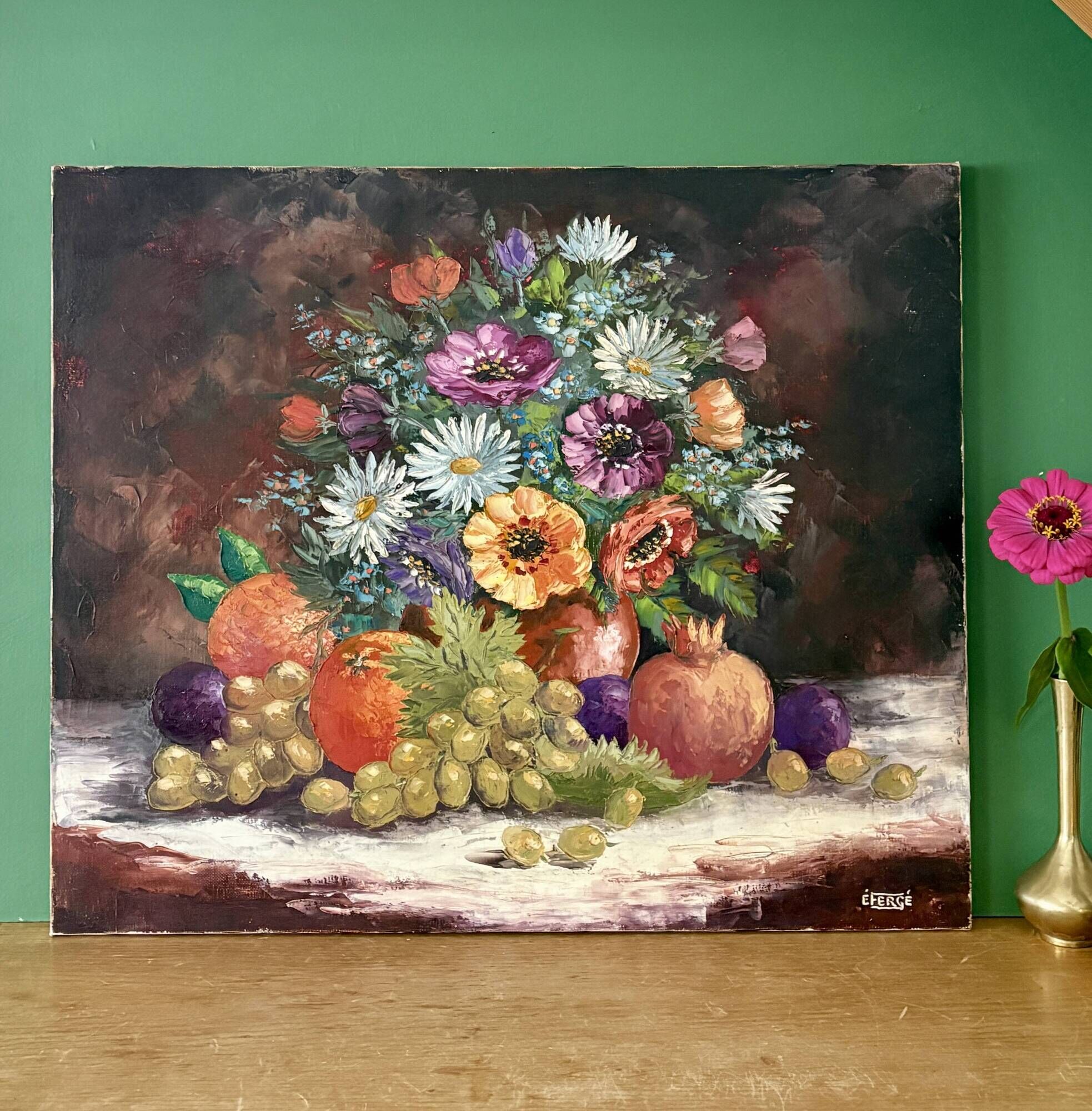 Old painting, still life of flowers and fruits.